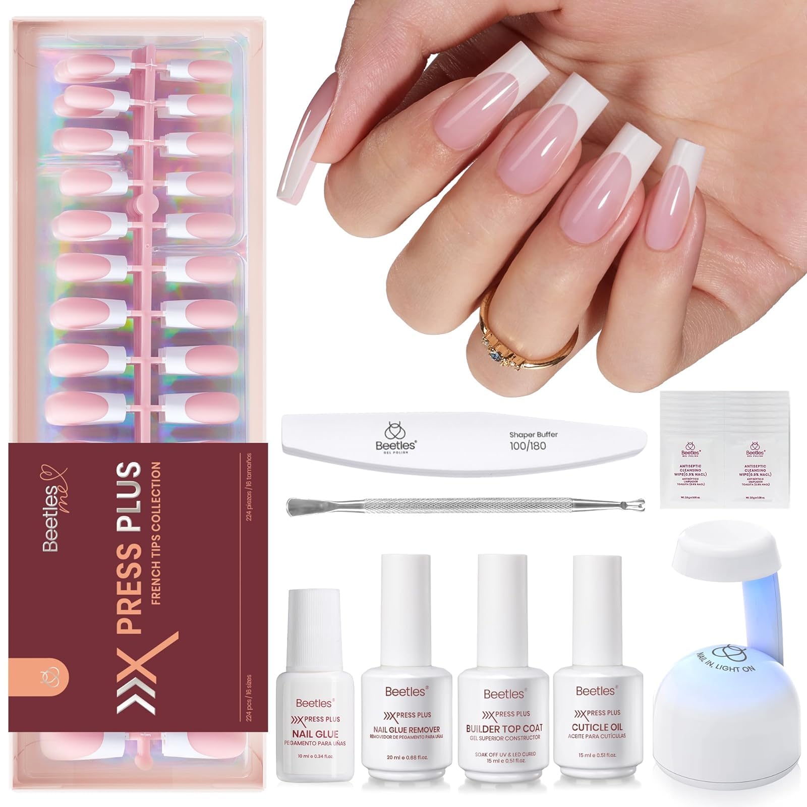 Beetles X Press Plus On Nails Kit - Rose French | Pink Long Square French Tip Press On Nails | 224Pcs 16 Sizes All-in-One Kit With Nail Glue，Remover，Builder Top Coat，Nail Lamp