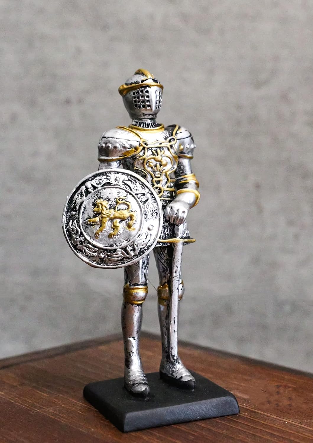 Ebros Gift Medieval English Knight Dollhouse Miniature Figurine 4" H Suit of Armor Lion Heraldry Shield and Sword Sculpture Decor