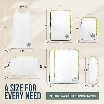 Large Packing Cubes for Travel-Extra Large Compression Packing Cube Luggage Organizers 7 Piece Set-Ultralight, Expandable/Compression Bags for Clothes by TRIPPED Travel Gear White/Green