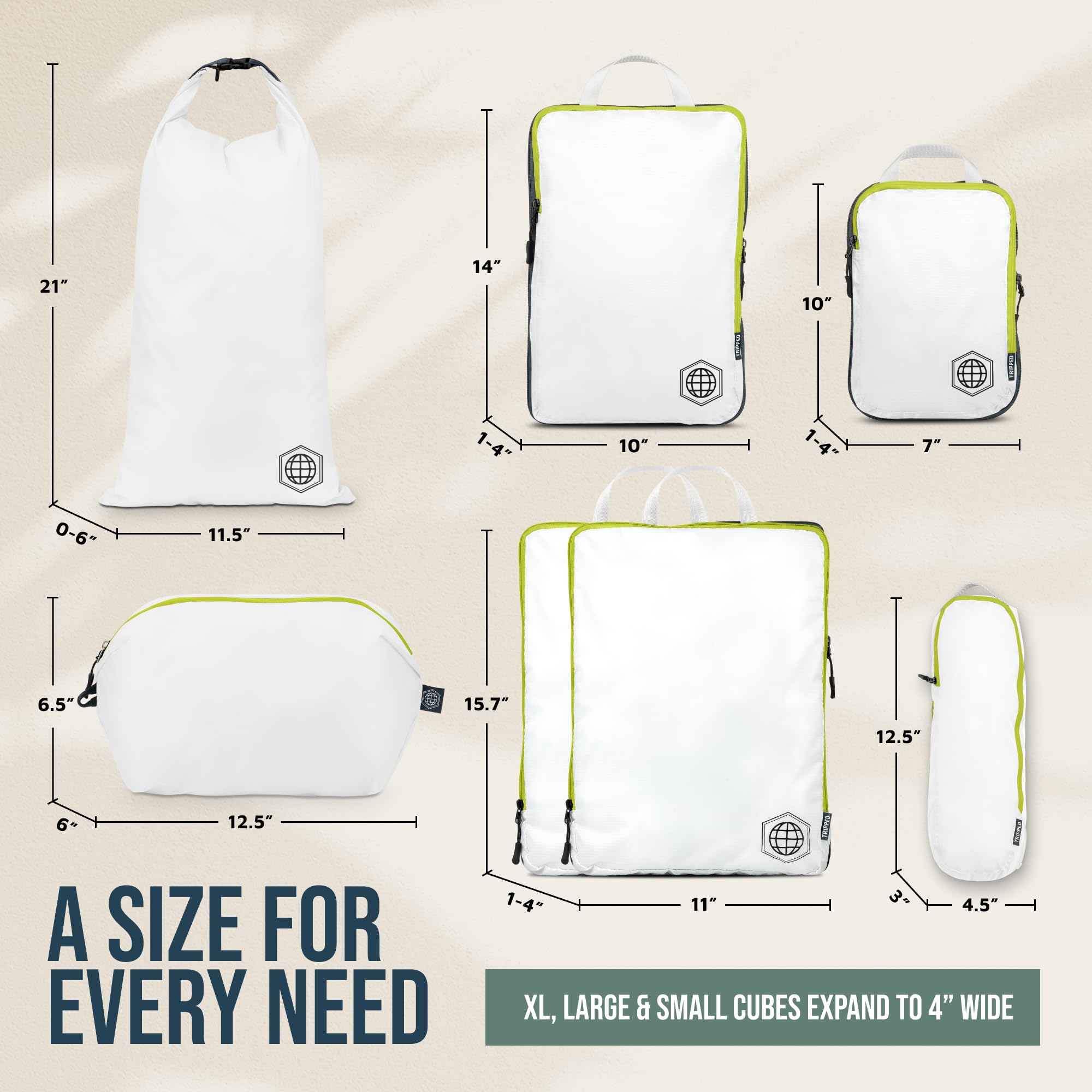 TRIPPED Travel Gear - Cubos de embalaje grandes para viajes, cubos de compresión extragrandes, organizadores de equipaje, juego de 7 piezas, ultraligeros, expandibles/bolsas de compresión para ropa de