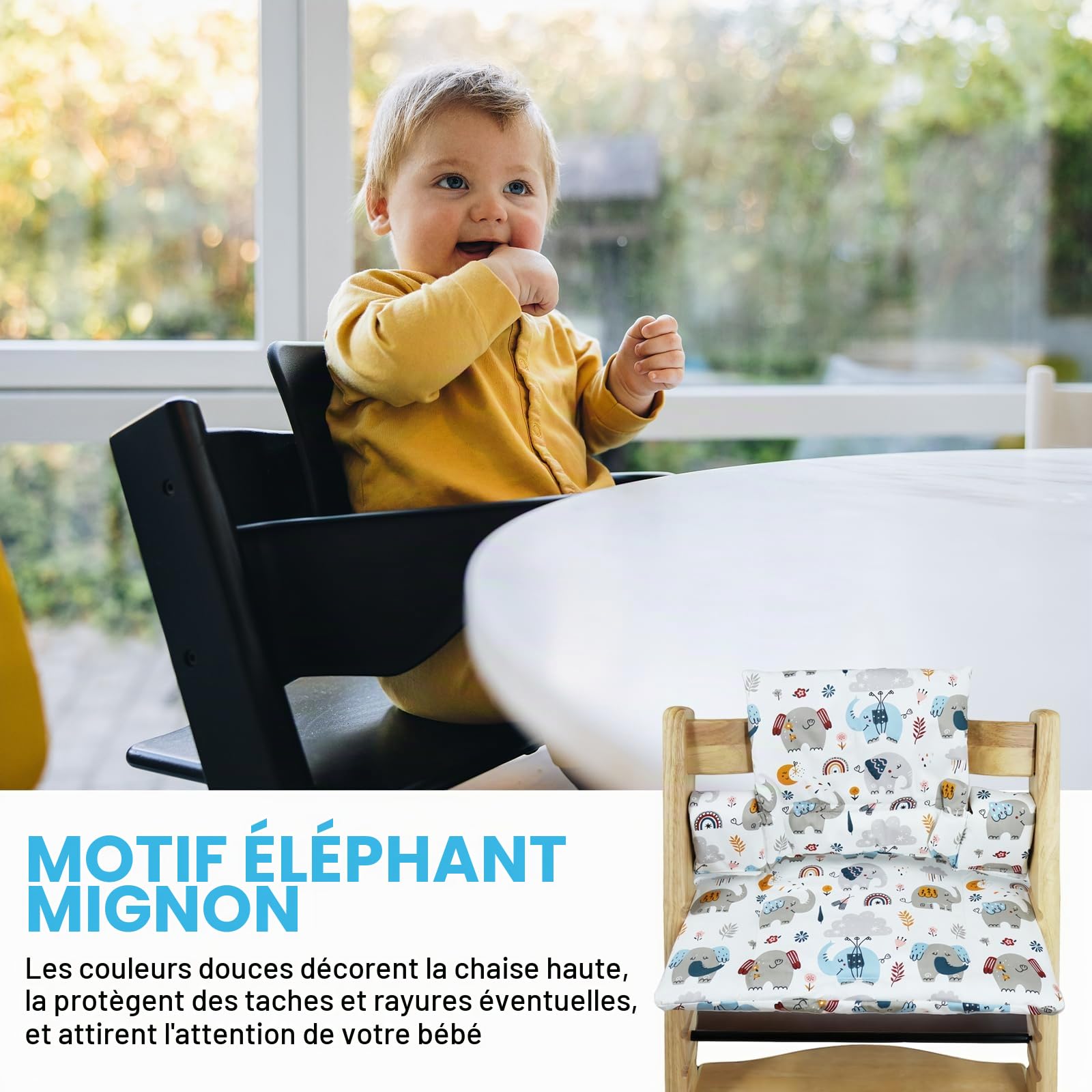 Coussin d'assise pour Stokke Tripp Trapp : coussin amovible, double rembourrage, imperméable, coton bio doux, accessoire de chaise haute