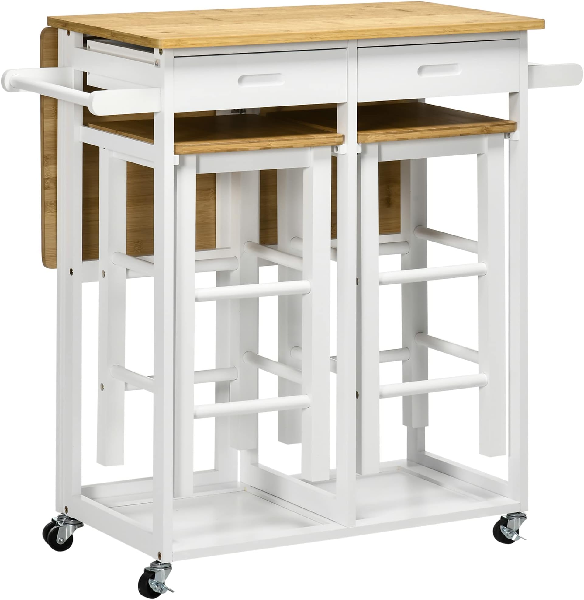 Bamboo Breakfast Cart with Drop Leaf Table and 2 Stools