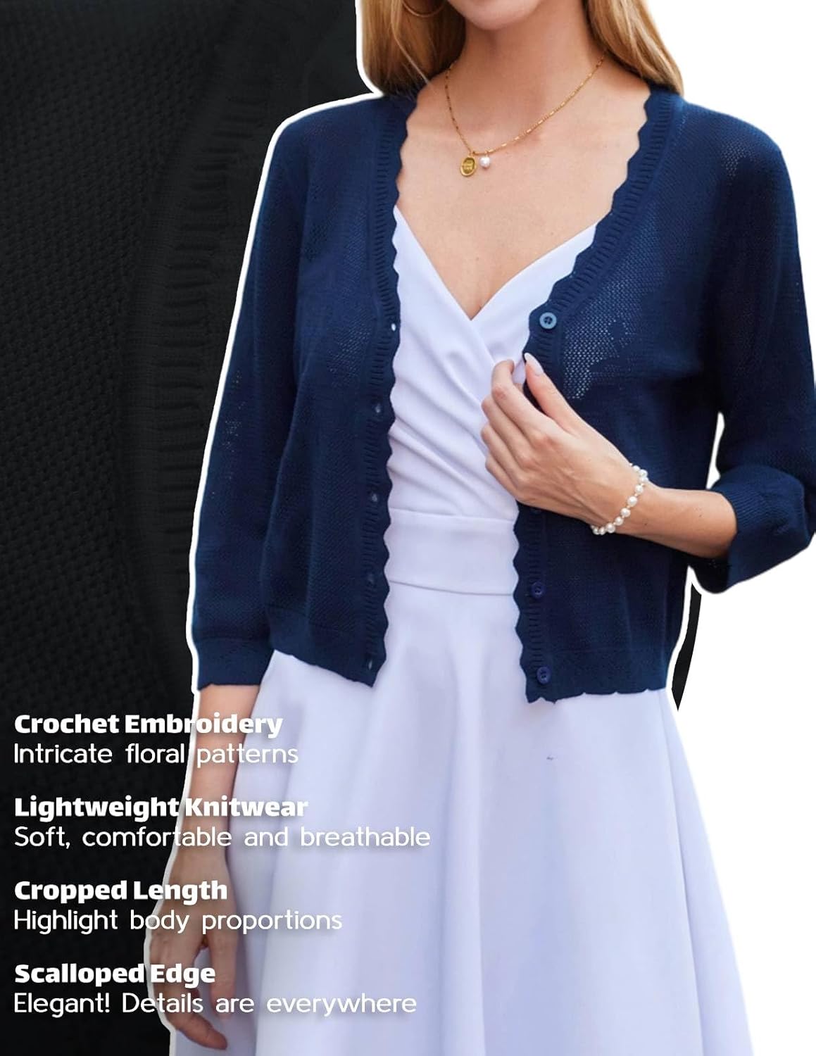 Kate Kasin Women's Cropped Cardigan Sweaters Trendy Lightweight 3/4 Sleeve Button Down Crochet Textured Shrugs Top - Image 2