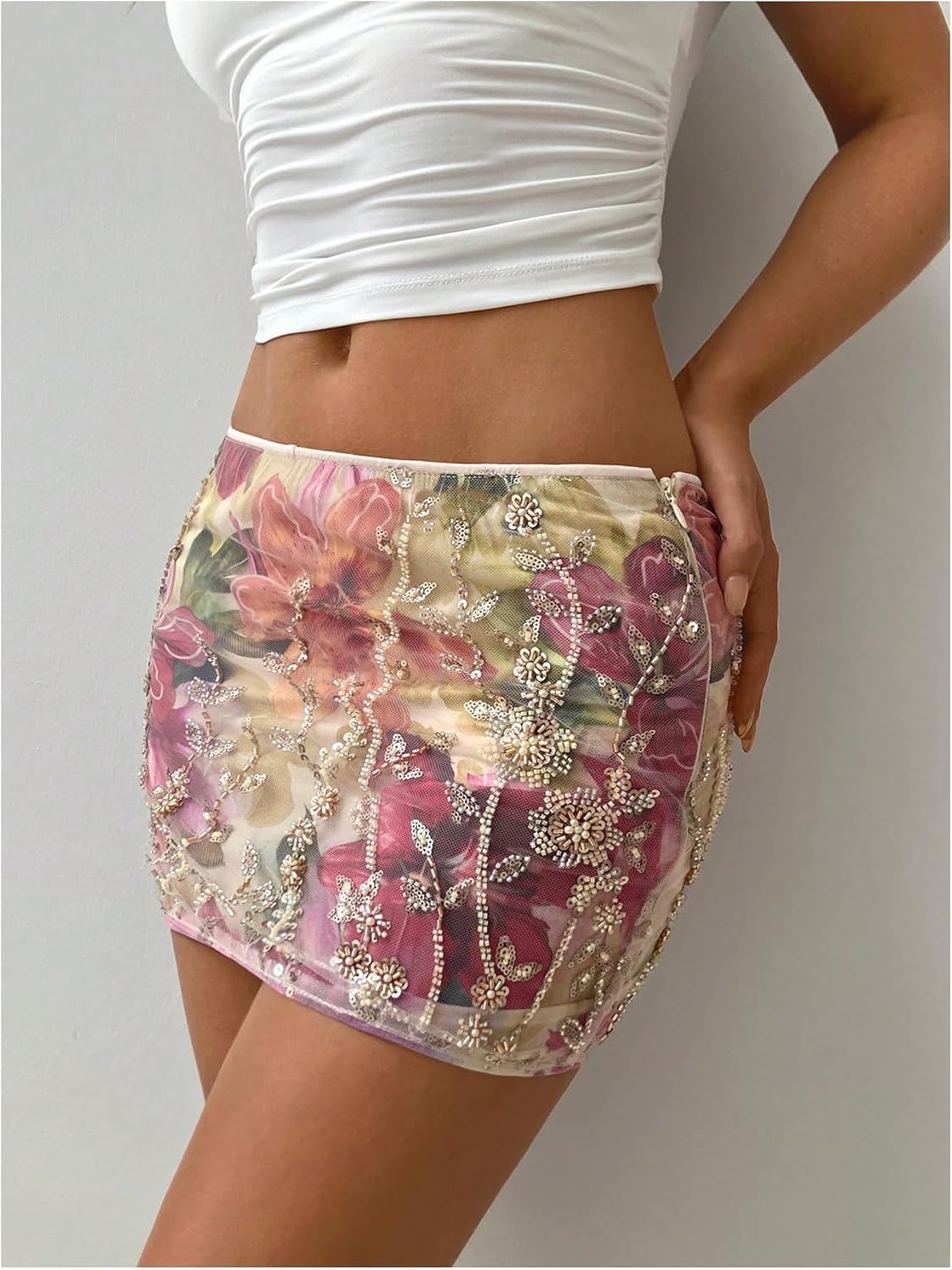 MakeMeChic Women's Floral Print Sequin Mini Skirt Glitter Low Rise Bodycon Party Night Out Skirts