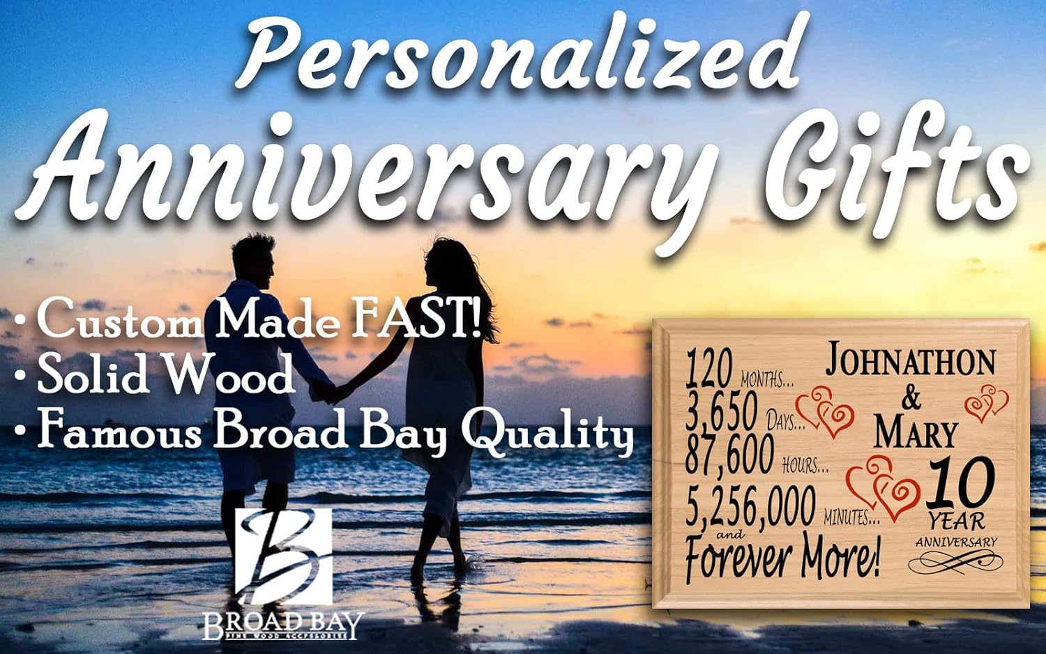 10th Anniversary Sign Gift Personalized 10 Year Wedding Anniversary Present for Wife Husband Couple - Solid Wood - Made in the USA