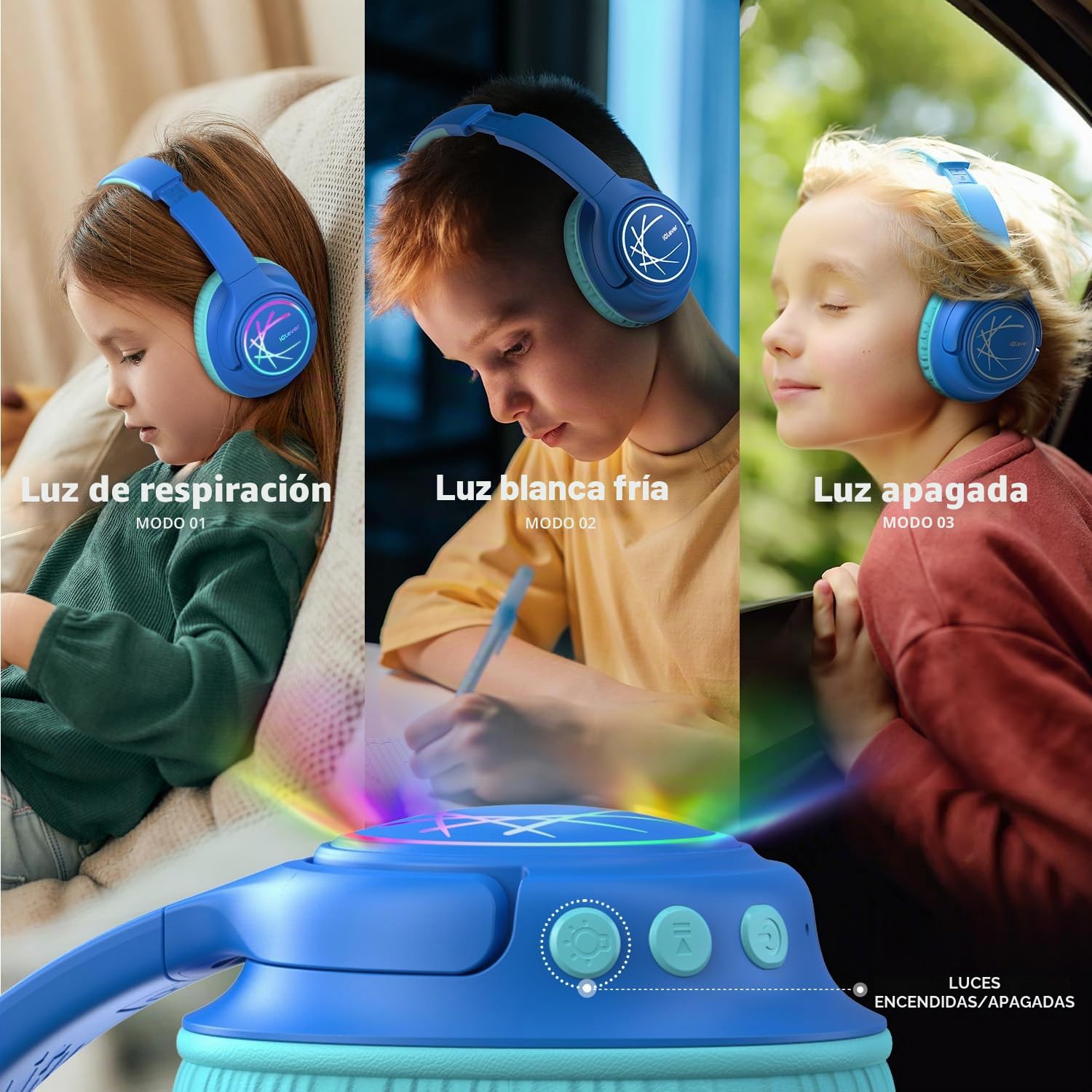 iClever Auriculares Bluetooth Niños con Luces LED 74/85/94dB Limitador de Volumen 43 Horas de reproducción Sonido Estéreo Tipo-C Bluetooth5.3 Auriculares para Niños para Tablet/Viaje Azul