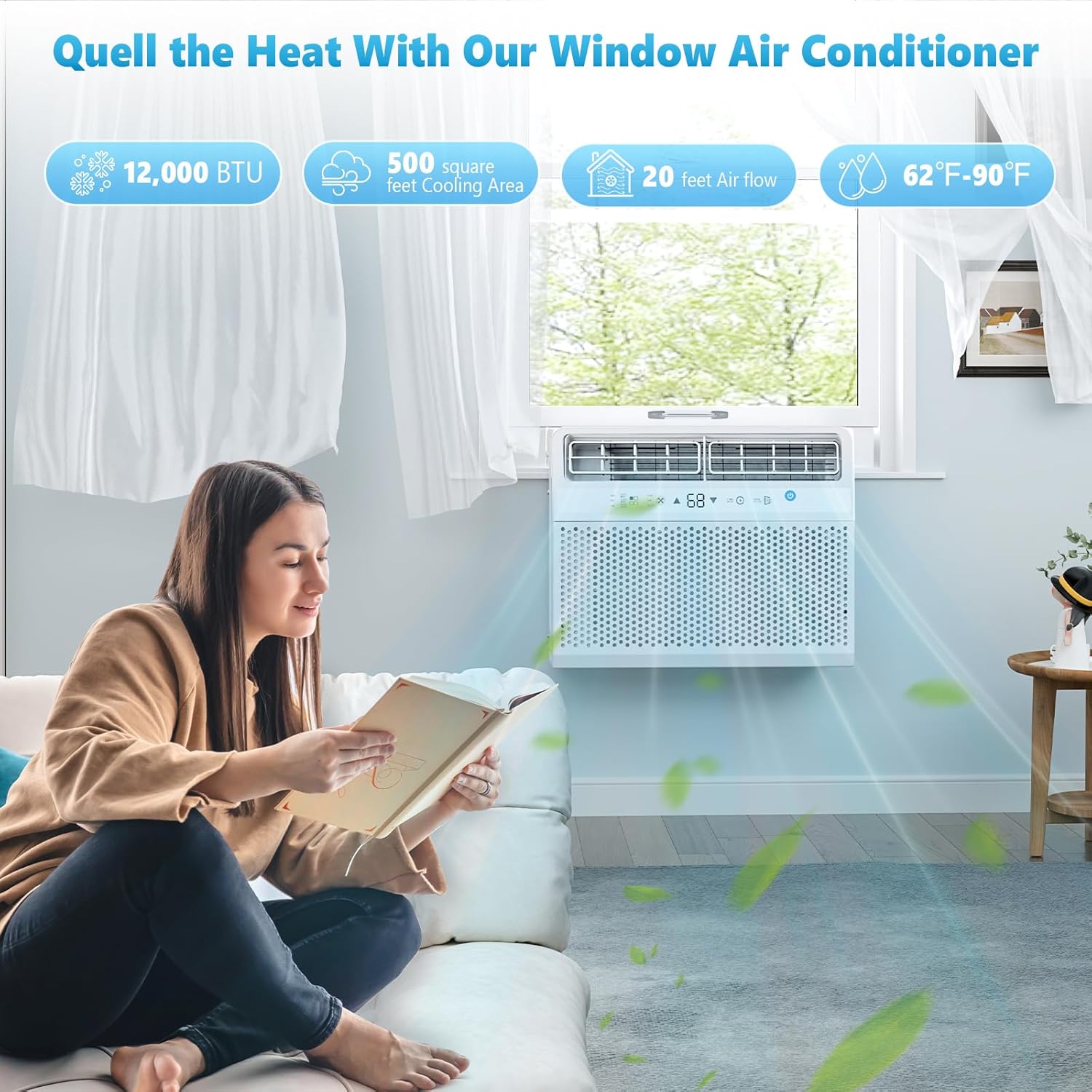 Illustrations of Cool, Fan, and Dry modes for the air conditioner.