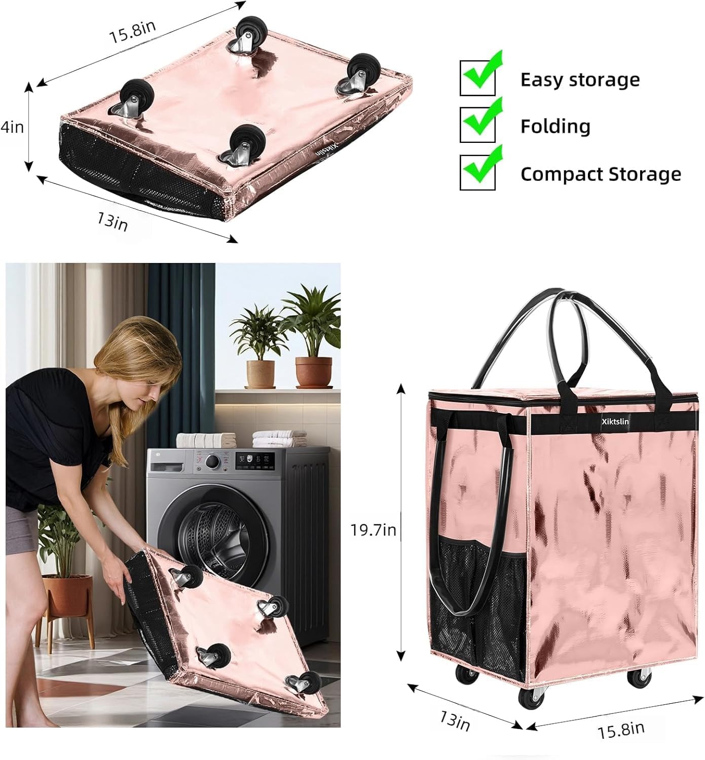Medium Rolling Grocery Bag,Heavy Duty Rolling Tote for Groceries,Reusable Grocery Bag on 4 Wheels,Holds Up to 75 lbs Tote Bag for Groceries, Laundry, Moving & Storage, Dorm & Elderly Daily Errands image 4