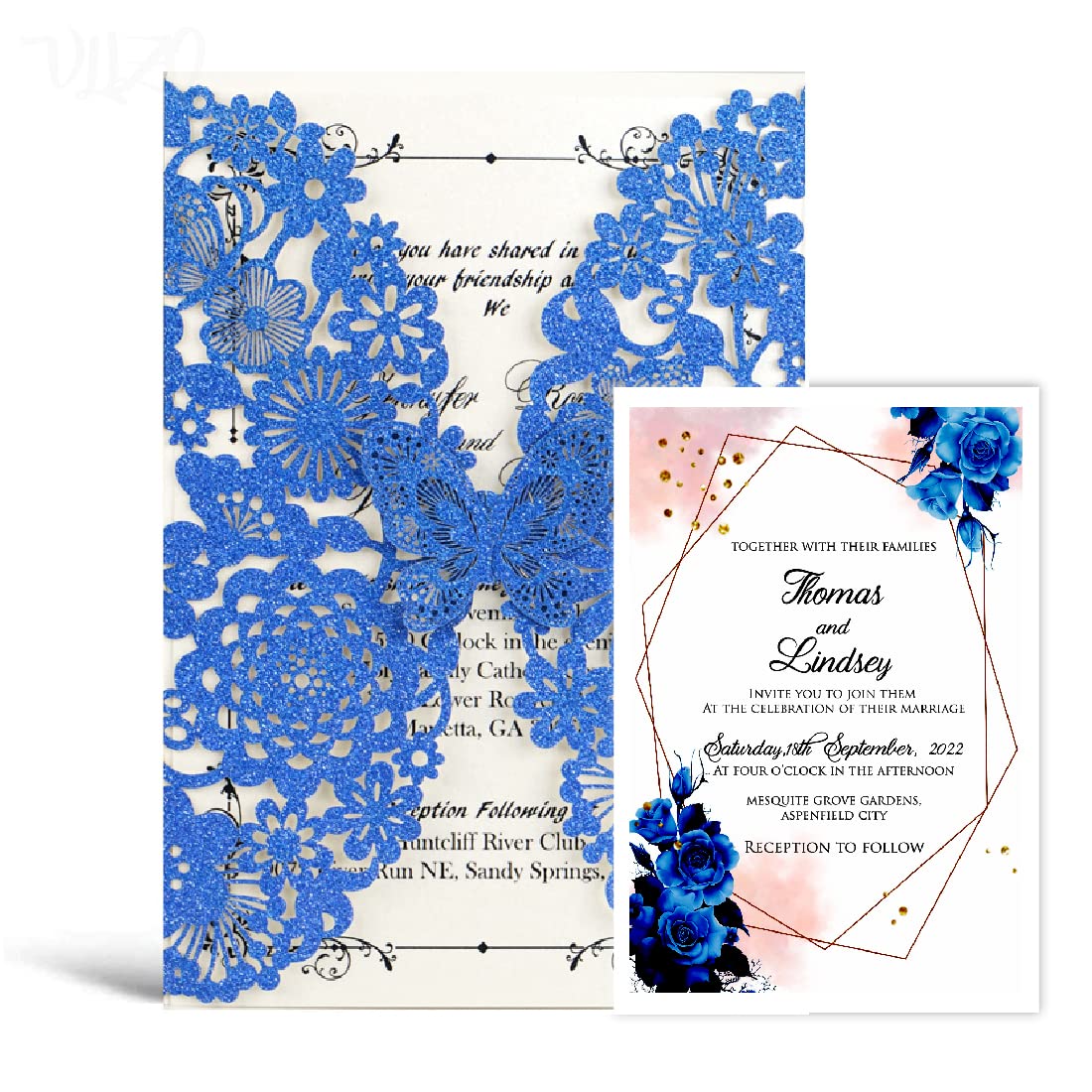 Vlizo 50pcs Luxury Laser Cut Glitter Blue Butterfly Wedding Invitations |  Desertcart Seychelles, image size:1100x1100