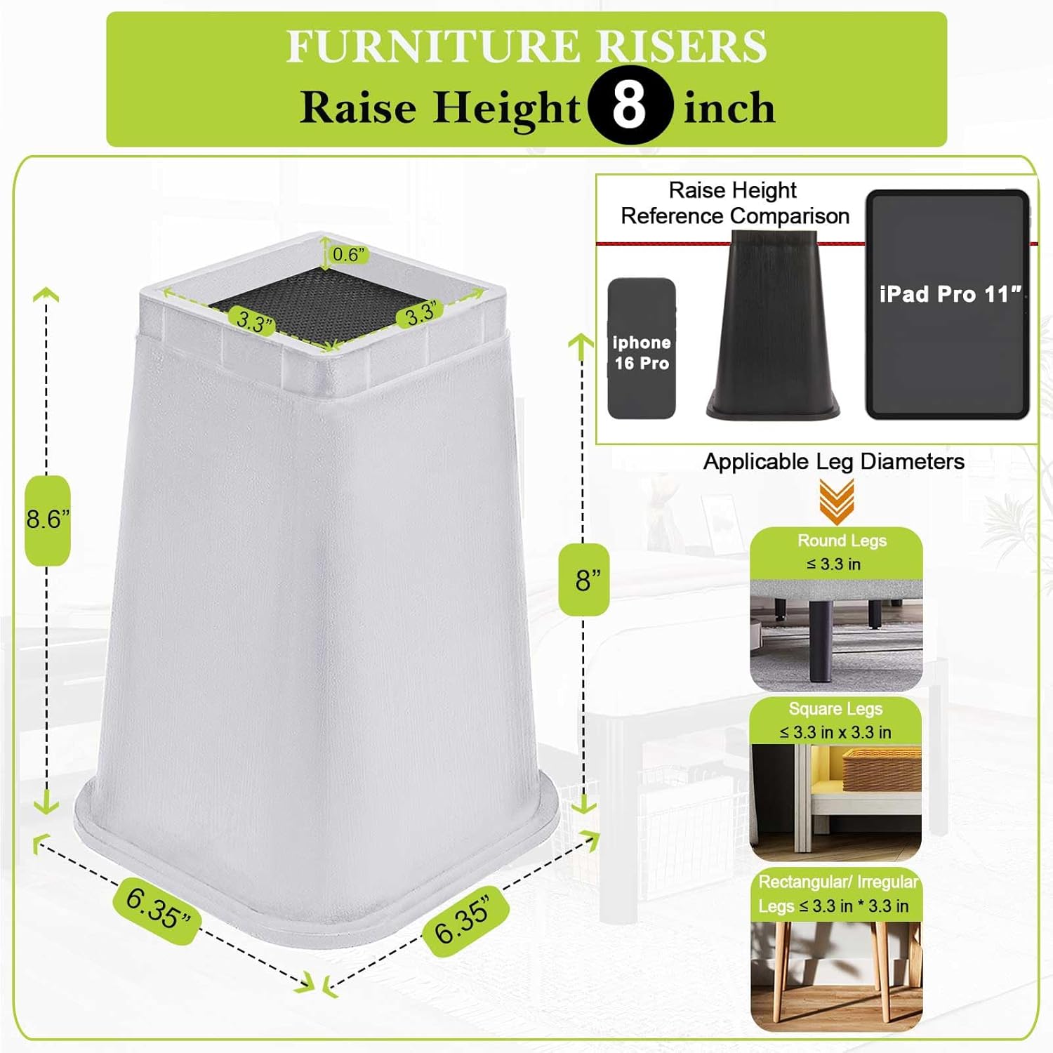 4 Pack Furniture Risers 8 Inch, Bed Risers Heavy Duty for Table Desk Couch Chair Sofa Cabinet Bed Frame Dorm, Square Table Leg Risers Lift Height 8", White 8 Inch White 4 Pack