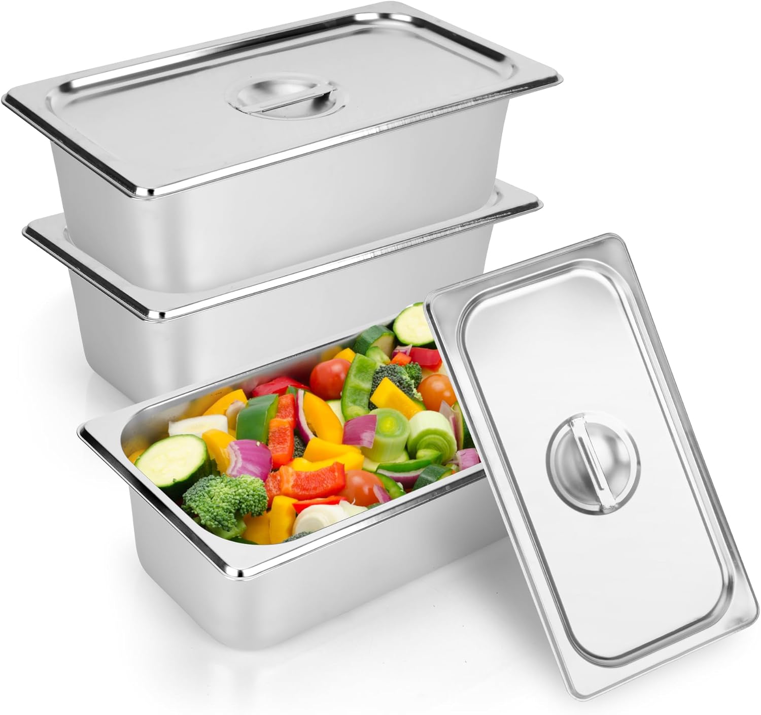 3 Pack 1/3 Size Steam Table Pan with Lid, 4 Inch Deep Restaurant Hotel Pan, Stainless Steel Steam Containers for Household or Kitchen Use