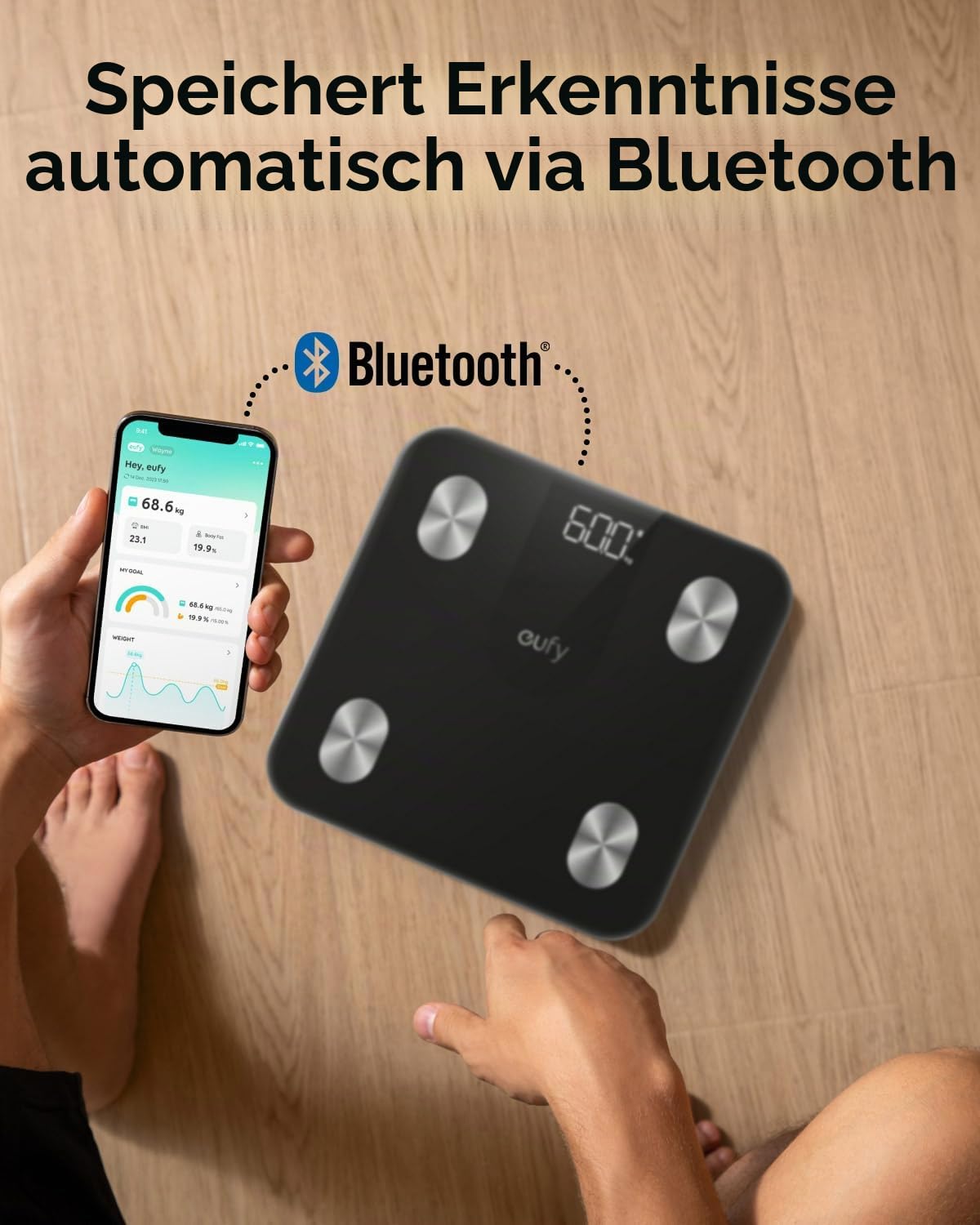 eufy Waage für Körpergewicht, Digitale Personenwaage mit Bluetooth, Körperfettwaage, 12 Messungen, Gewicht/Körperfett/BMI, Fitness Körperzusammensetzungsanalyse, Schwarz, lbs/kg, Smart Waage A1