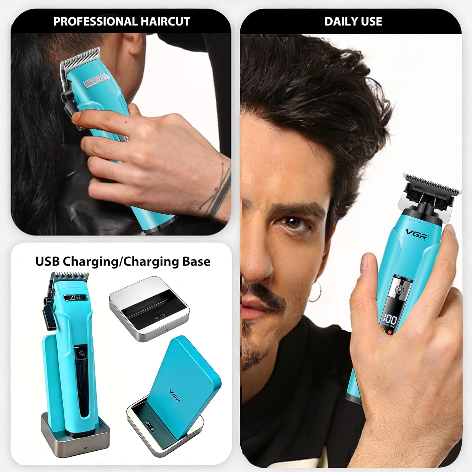 VGR 694S2 Professional Hair Clippers for Men - Cordless Barber Clipper & Trimmer Set with Charging Dock, 440 Min Runtime & LED Display - Rechargeable Hair Cutting Kit for Barbers & Home Use(Green)