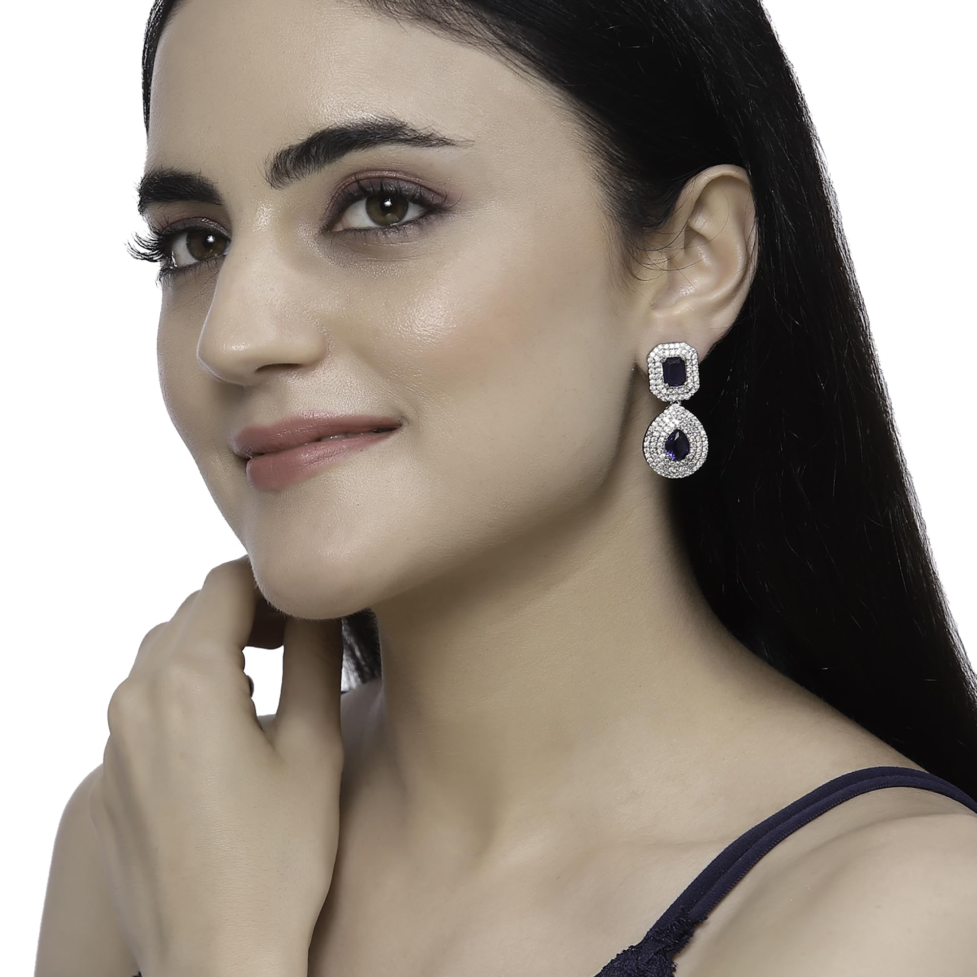 Rhodium-Plated Square & Teardrop Drop Earrings