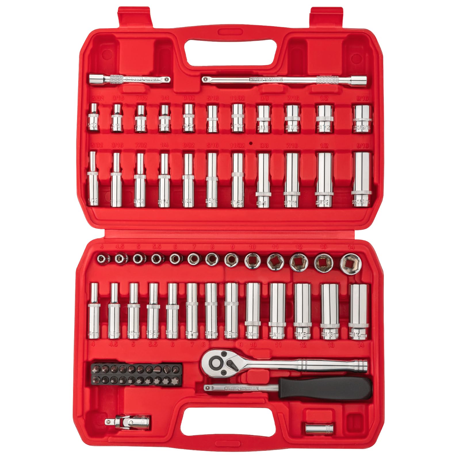1/4" Drive Socket Set 74-Piece, 1/4” Drive Master Socket Set with Ratchets, 1/4" Drive Bits Set Extensions Bar, Universal Joint (5/32-Inch- 9/16-Inch,