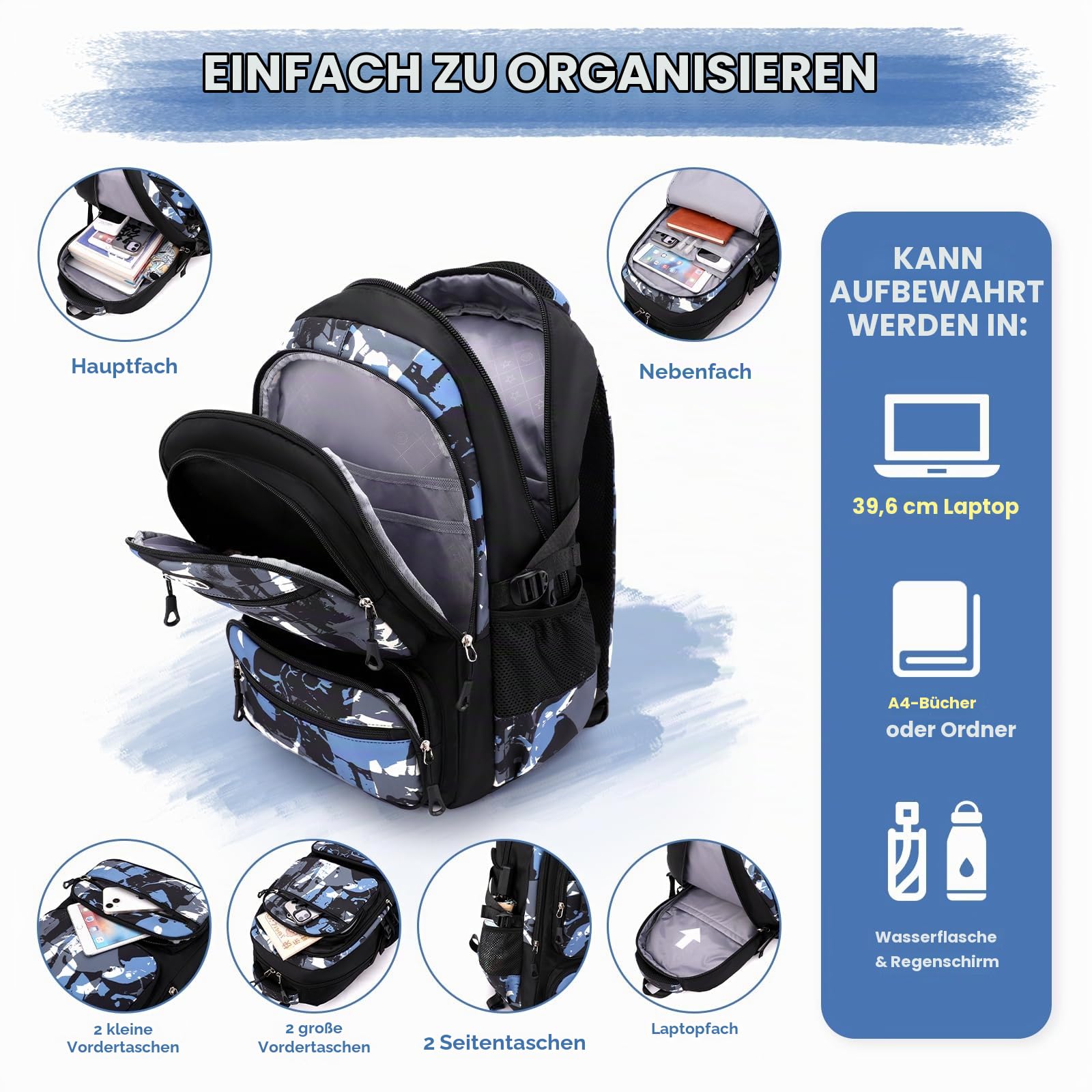 Amythe Rucksack Teenager Jungen Schulrucksack - 40L Schulranzen für Grundschule 5+, Realschule & Universität, Modischer Daypack für Reisen, Lässig 16 Zoll Laptop-Rucksack Herren, Schwarz