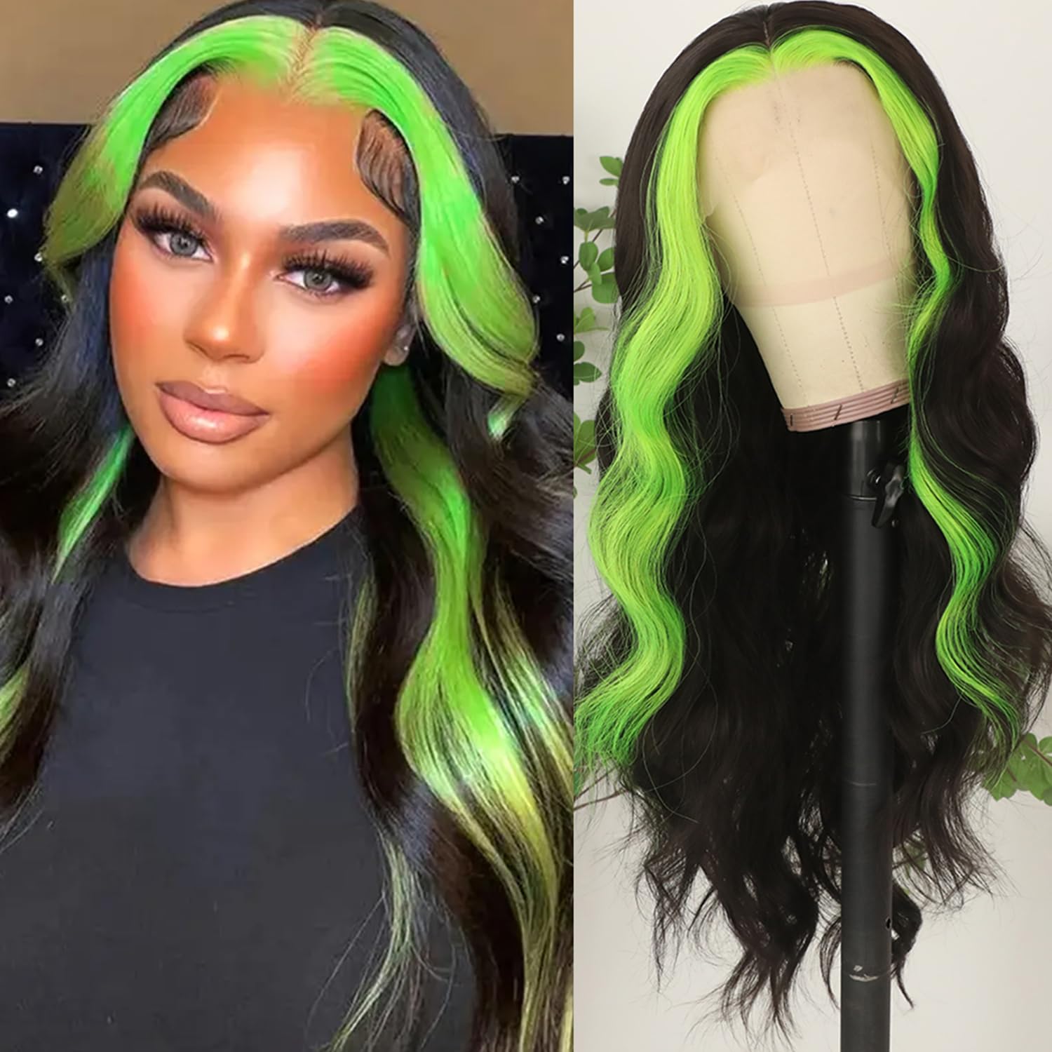 Green Body Wave Lace Front Wigs for Women Pre Plucked Soft Long Wavy Hair Wigs Glueless Skunk Stripe Wig Highlights Black with Green Streak Heat Resistant 26 Inch