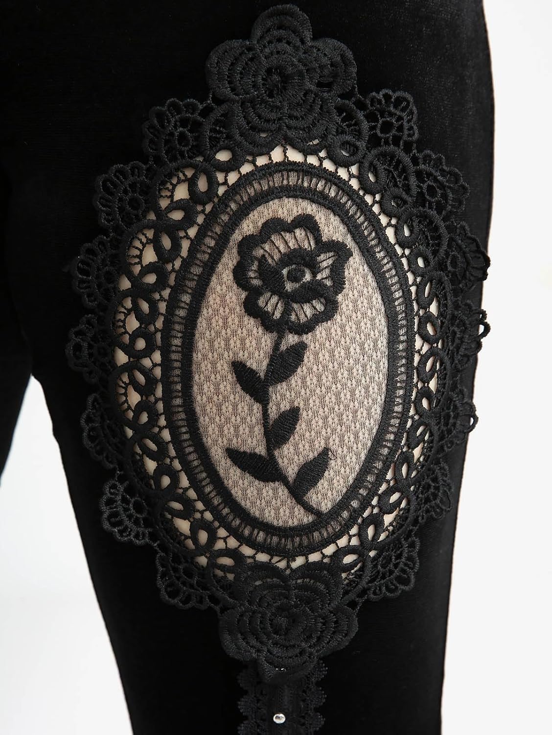 Women's Gothic Lace Rose Print Goth Bell Flare Pants Bottom Punk Grunge Rave Flared Leggings - Image 4