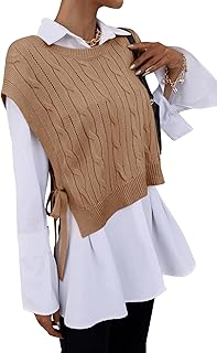 Romwe Women's Cable Knit Tie Knot Side Split Hem Round Neck Sleeveless Oversized Cropped Sweater Vest Pullovers