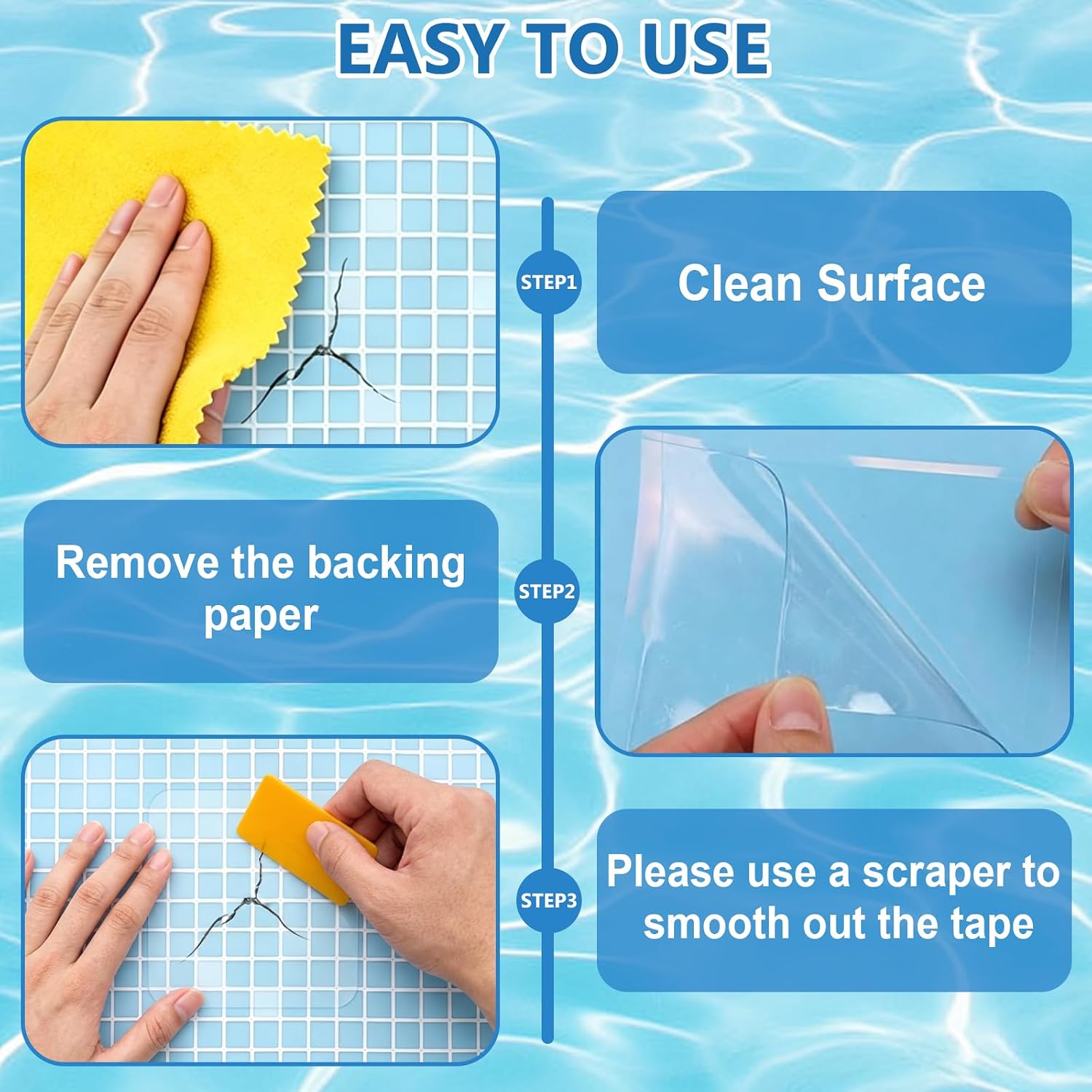 20pcs Self-Adhesive Underwater Vinyl Pool Patch Kit - 4in x 4in Clear TPU Pool Liner Repair Patch Kit for In-Ground or Above Ground Pools Inflatable Swimming Pool