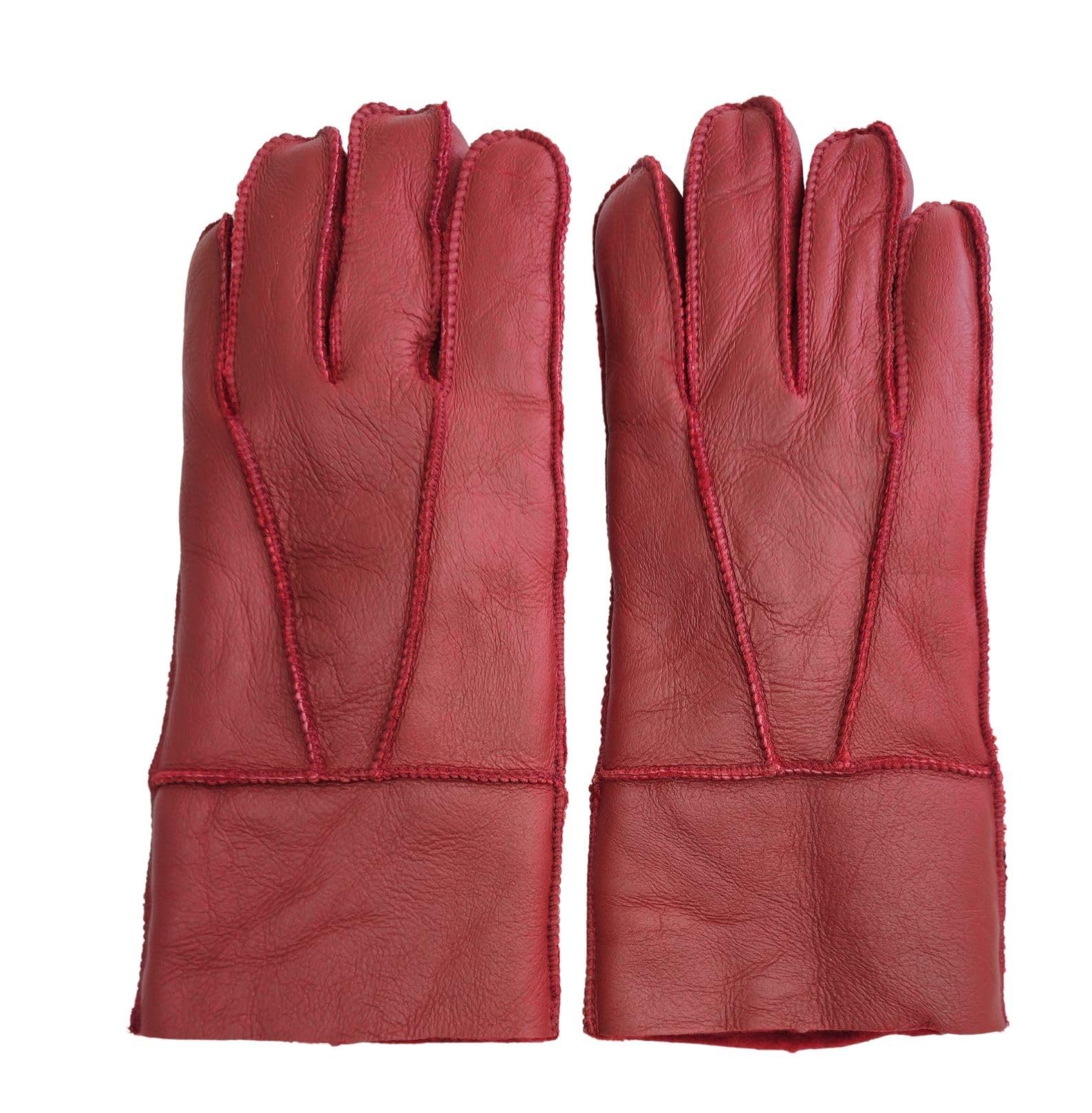 Truclothing Men's Red Unisex Sheepskin Napa Leather Gloves Wool Shearling Lined Warm Thermal Handwear - M