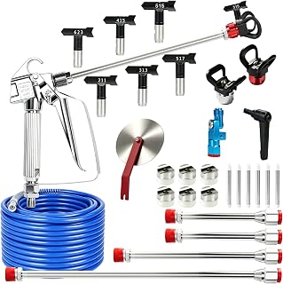 22피스 에어리스 페인트 스프레이 건 키트, 600PSI | 15.2m(50피트) x 0.6cm(1/4인치) NPT 스프레이 호스 및 양면 스프레이 팁 및 가이드 도구 6개, 연장 봉 4개 및 필터 6개가 있는 스프레이 건