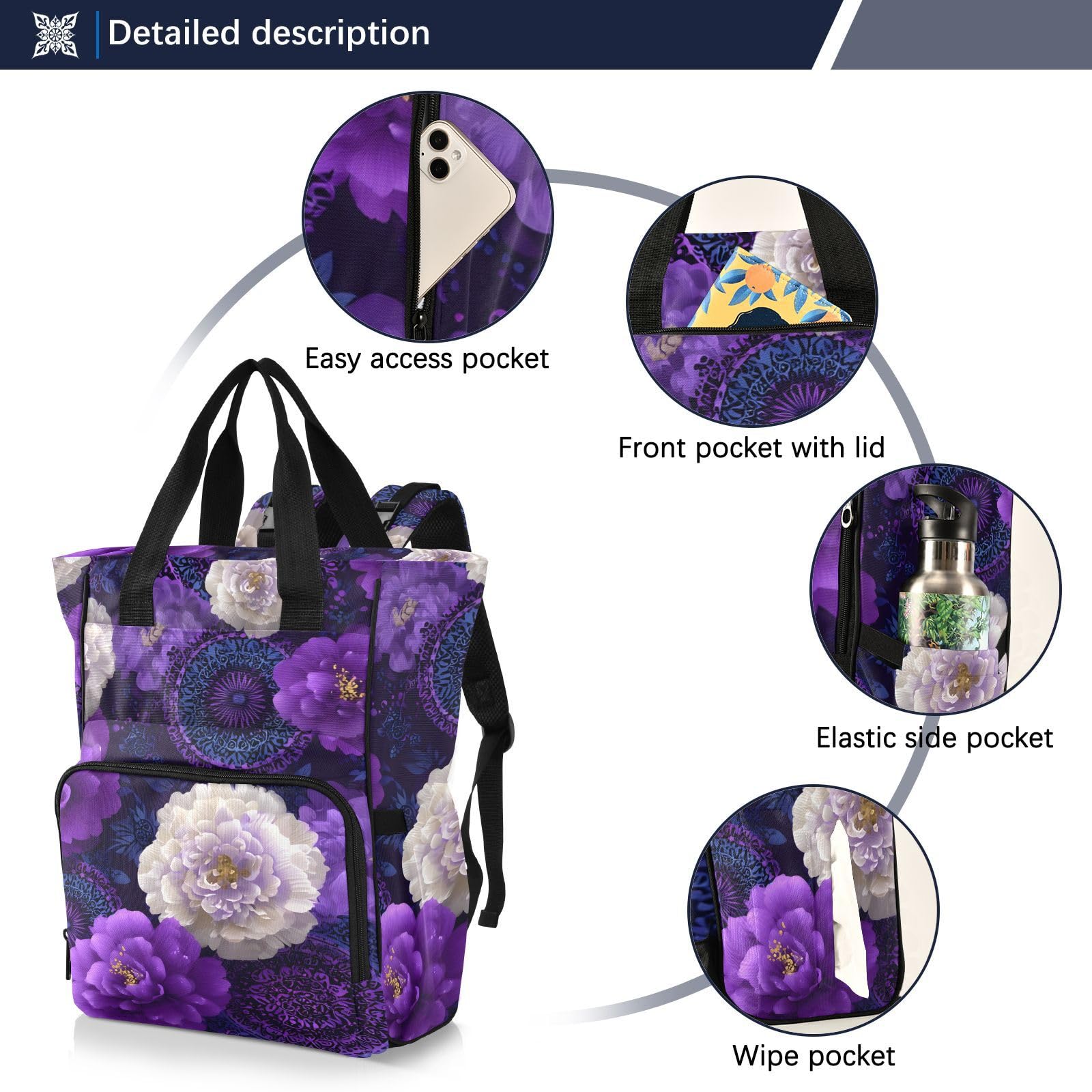 Mochila para pañales para bebé, multifunción, con bolsillos aislados, diseño de flores blancas y moradas, Patrón de flores blancas y moradas, Talla única