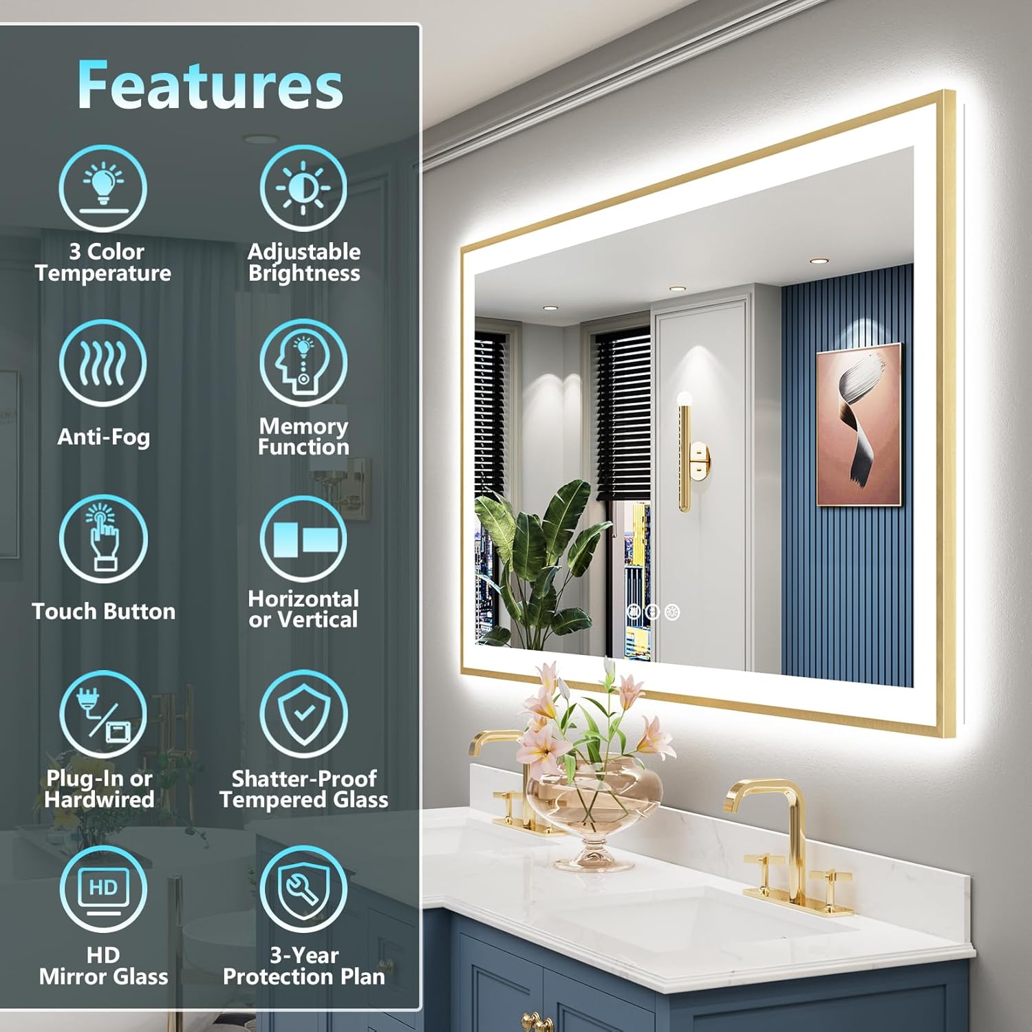 60x36 Gold LED Bathroom Mirror with Lights, Brushed Gold Framed Backlit and Front Lit Anti-Fog Lighted Vanity Mirrors for Bathroom Wall, Dimmable, 3 Colors, Memory, HD Tempered Glass, CRI＞90