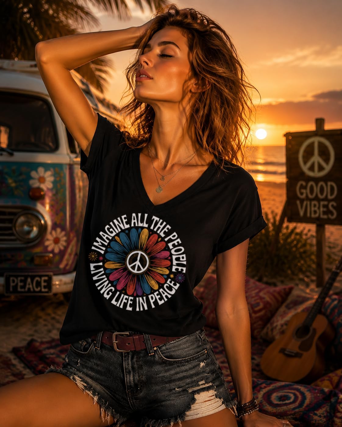 Peace Shirt Imagine All The People Living Life in Peace Tshirt Women Men | Imagine All The People T Shirt, Retro Peace Sign Flower V-Neck Tshirt