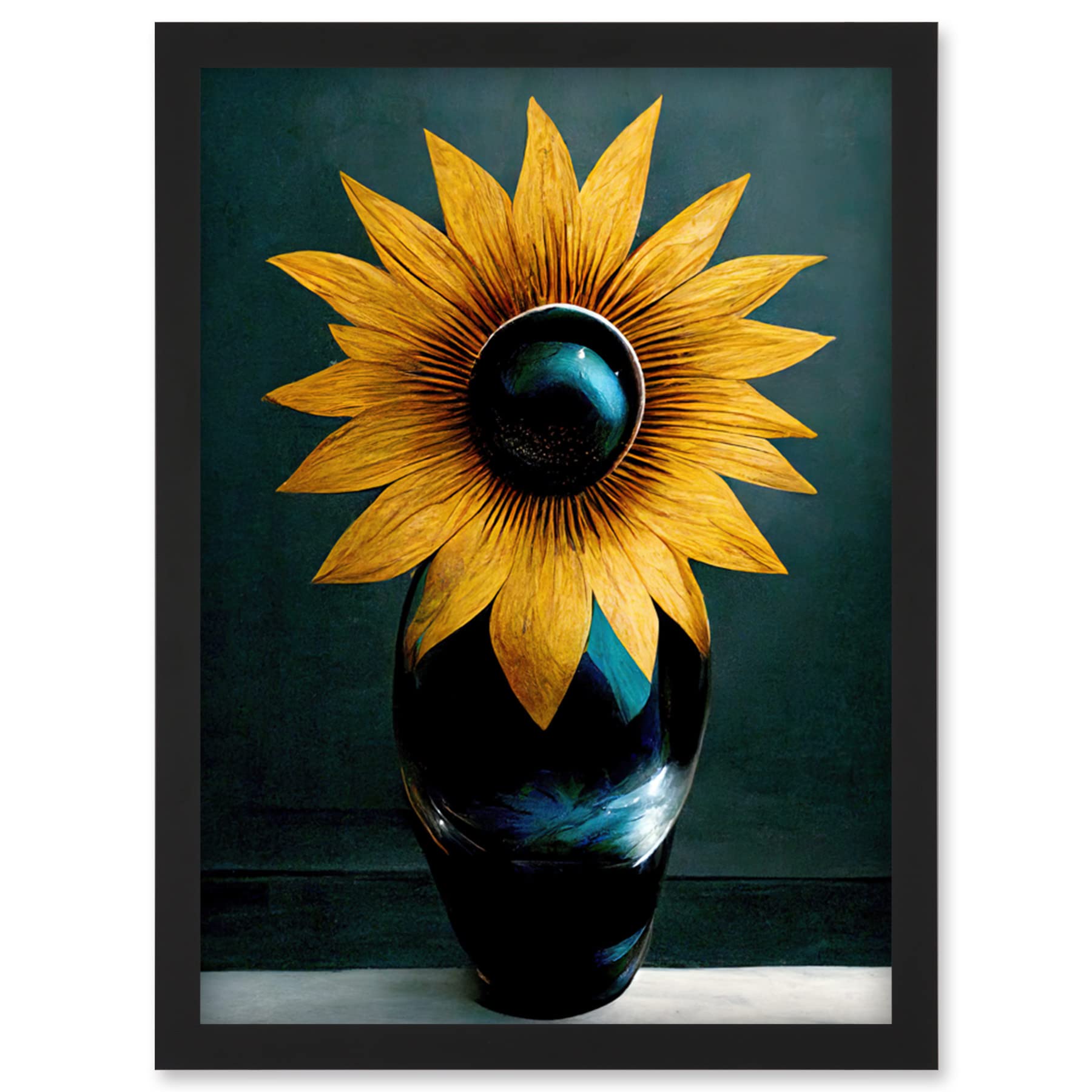 Artery8 Modern Bright Single Yellow Black Sunflower In Vase Wall Art PrintA4 Size from B&Q