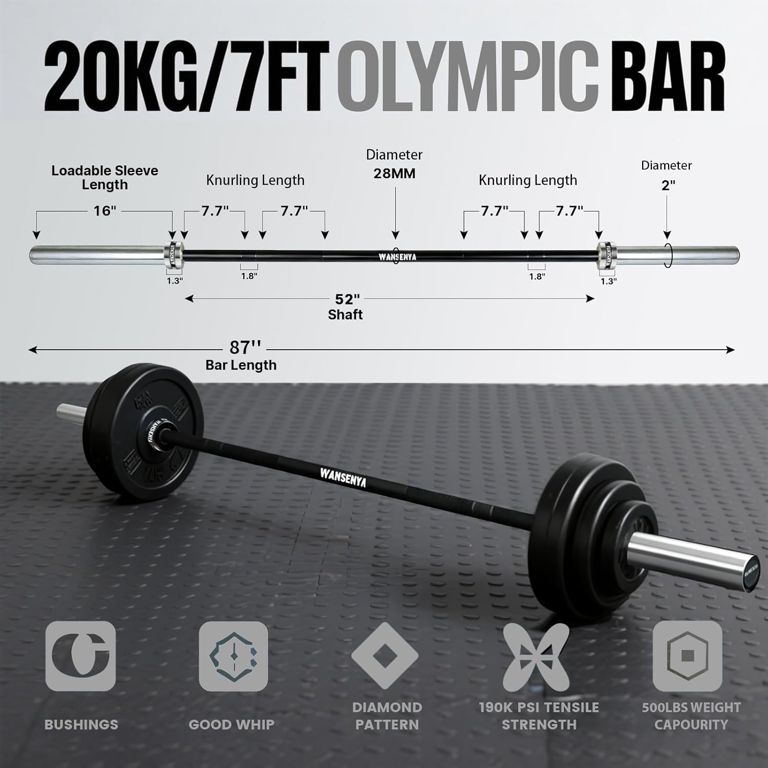 7FT Olympic Barbell 45lb,28MM 2 Inch Olympic Bar for No. 45 Steel,Olympic Weight Bars for Lifting,CrossFit,Bench Press,Deadlift,Squats,Strength Training bars