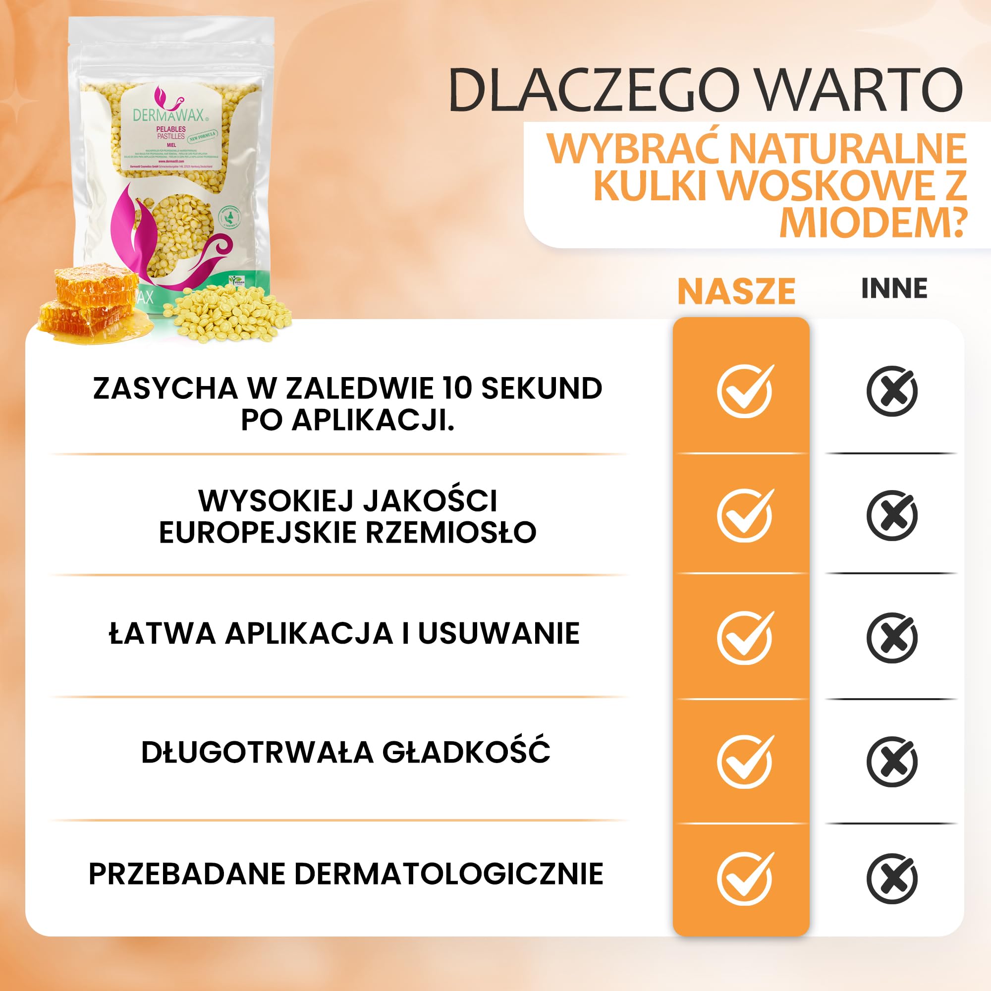 Wosk naturalny miód, wosk filmowy, perły woskowe premium, bez pasków woskowych, do depilacji, depilacji, depilacji całego ciała, nóg, twarzy i ramion