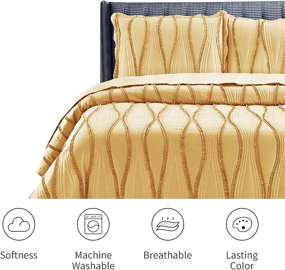 B&B New Quilted Bedspread Throw Embossed Pattern Frilled Bedspreads with Matching Pillow Cases - Luxury Bedspread Bed Throw Coverlets Bedding Set (Mustard, Single)