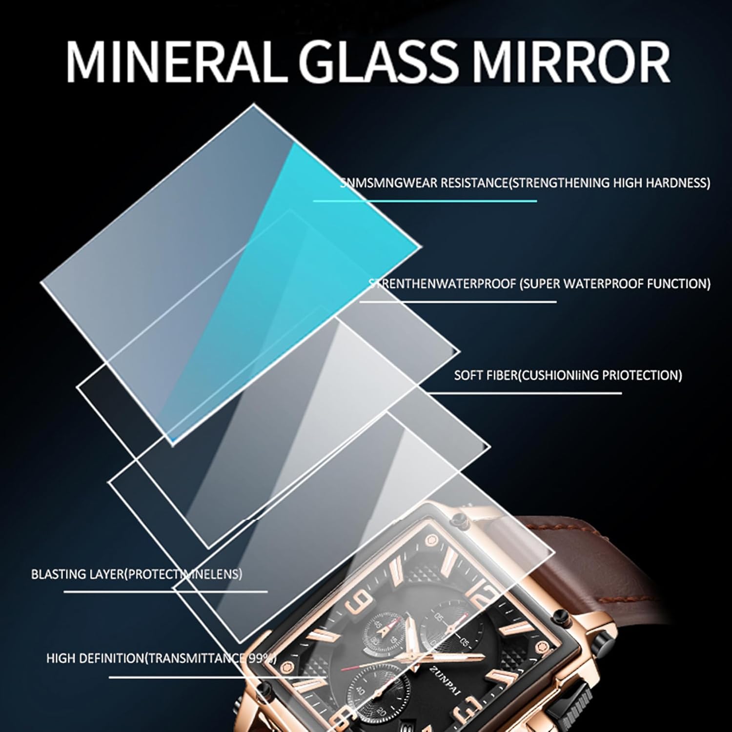 ZUNPAI Square Watches for Men Chronograph Quartz Analog, Mens Sport Watch with Leather Strap Waterproof Calendar for Men - Image 8