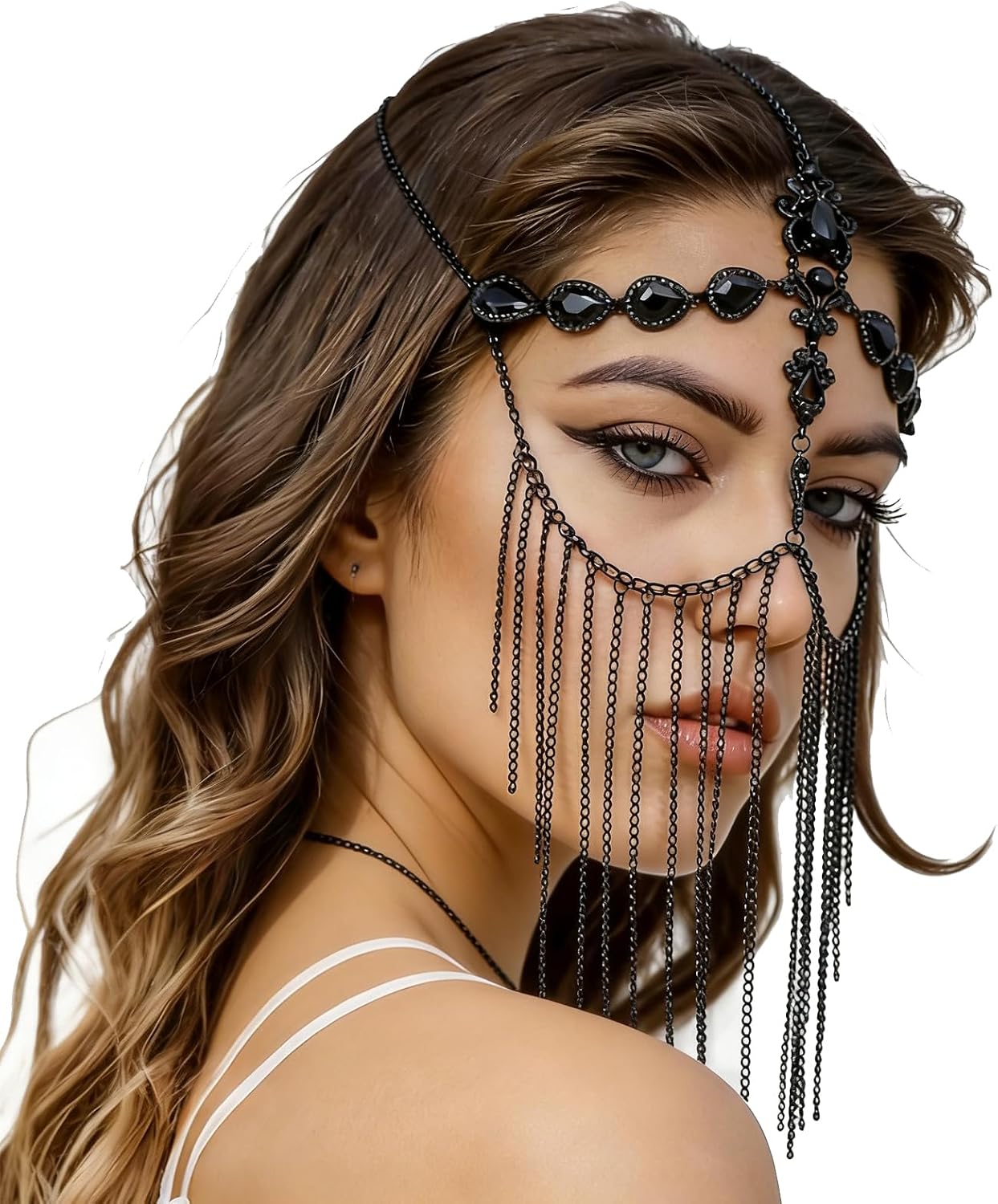Black Rhinestone Tassel Face Chain Mask for Women Masquerade Halloween Crystal Drop Hair Chain Headchain Jewelry Veil Face Accessories Jewelry