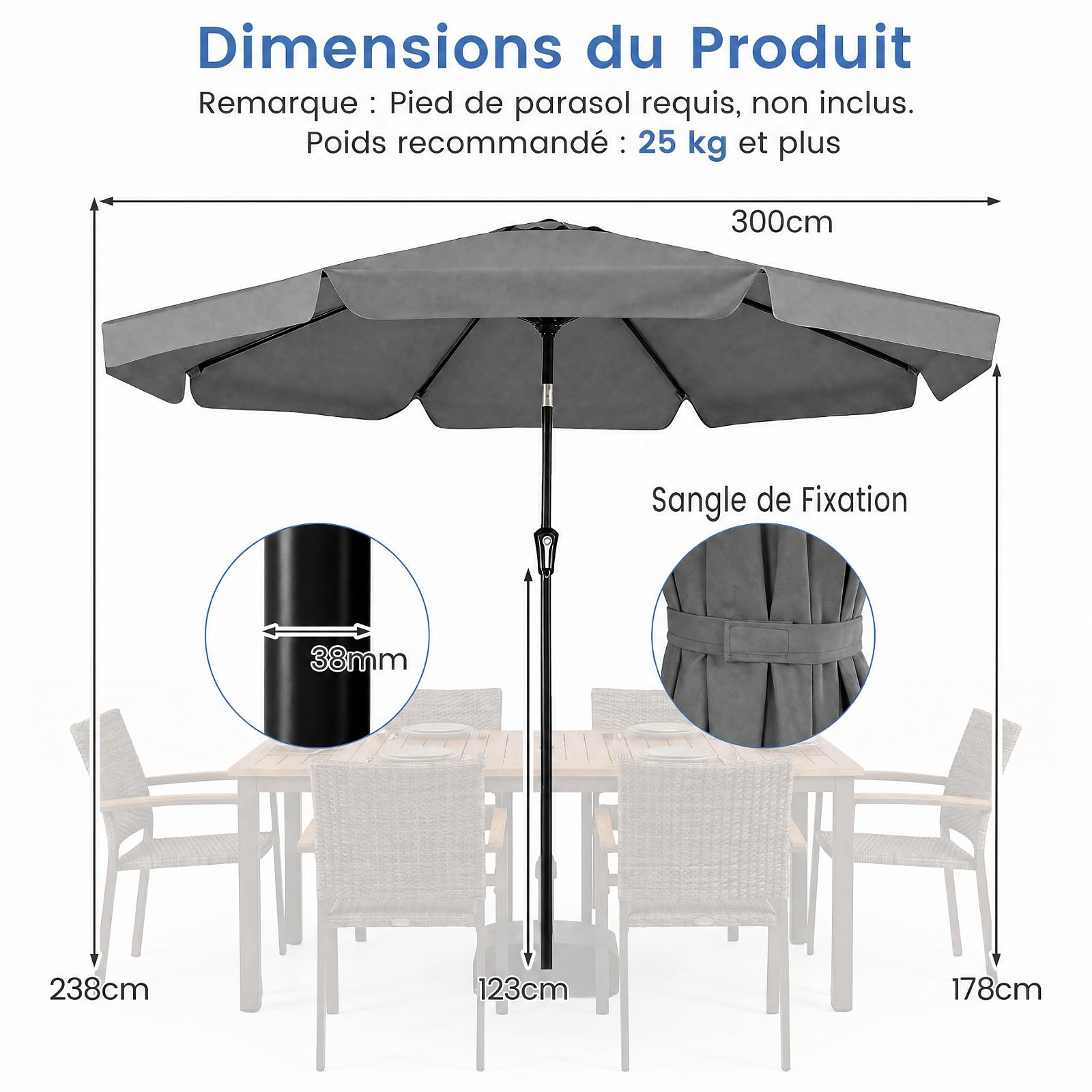 COSTWAY Parasol de Jardin Extérieur à Volant 3m, Parasol Inclinable 30° en Polyester, Manivelle Lisse, 8 Baleines, Protection Solaire&Résistant à l'Eau, pour Terrasse Piscine Plage