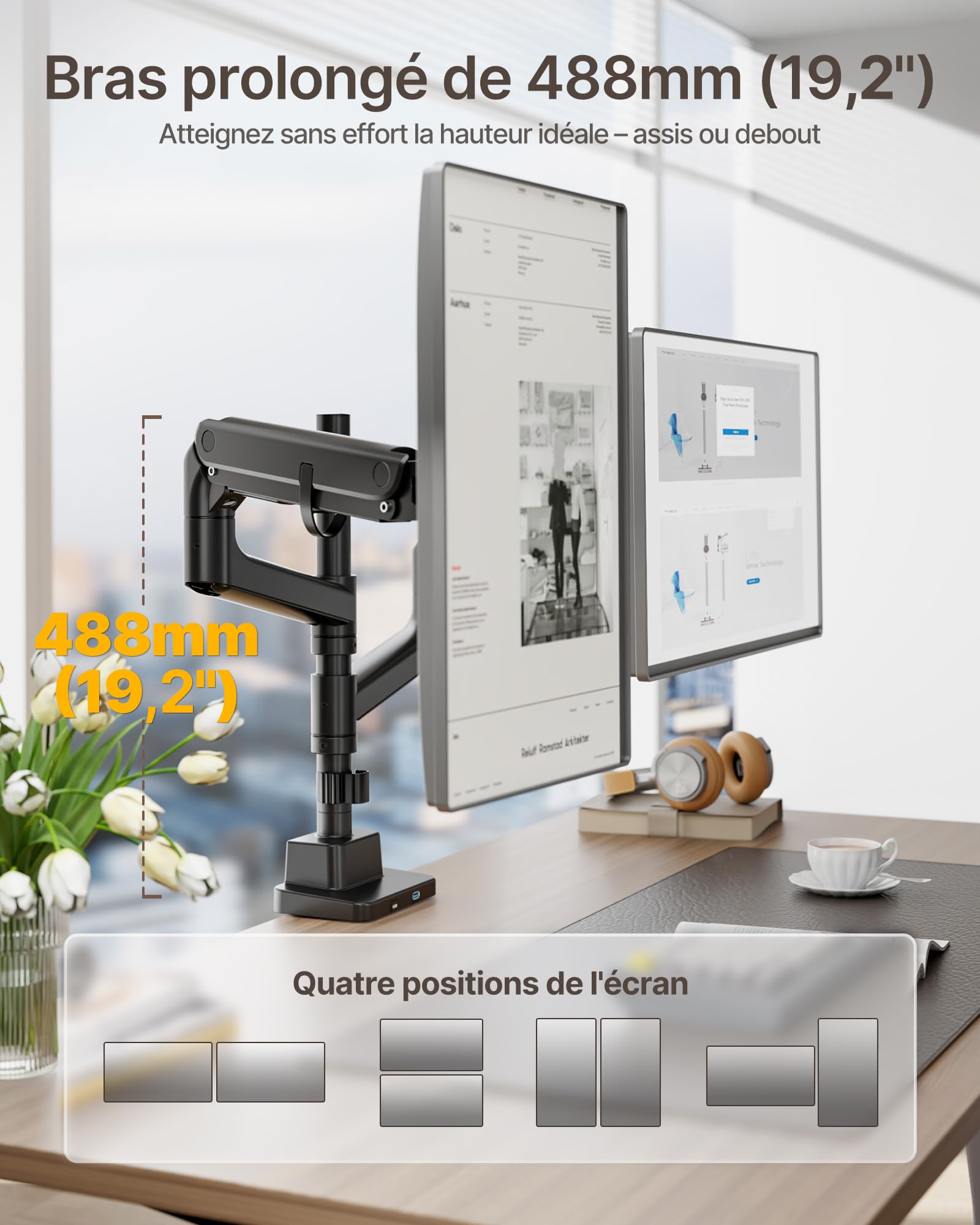 monTEK Bras Double Ecran PC17 à 57",VESA75/100,Charge Max 27Kg par Ecran