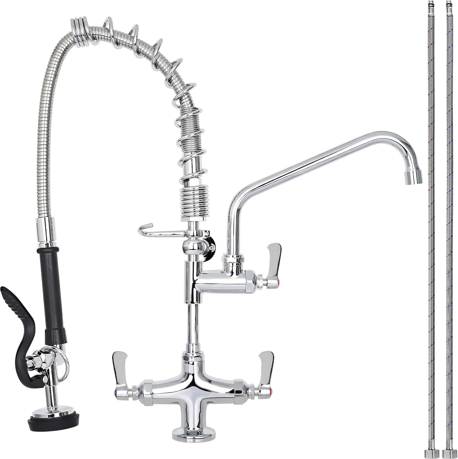 21" Height Commercial Sink Faucet Deck Mount with Pre-Rinse Sprayer, Commercial Kitchen Faucet with 8" Add-on Swing Spout Faucet & Spring Pull Down Sprayer, 8" Adjustable Center Kitchen Faucet