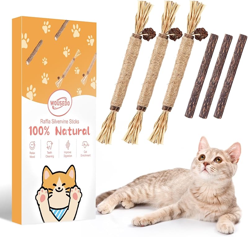 WOUSEDO 6 Pack Silvervine Sticks for Cat, Natural Catnip Toys