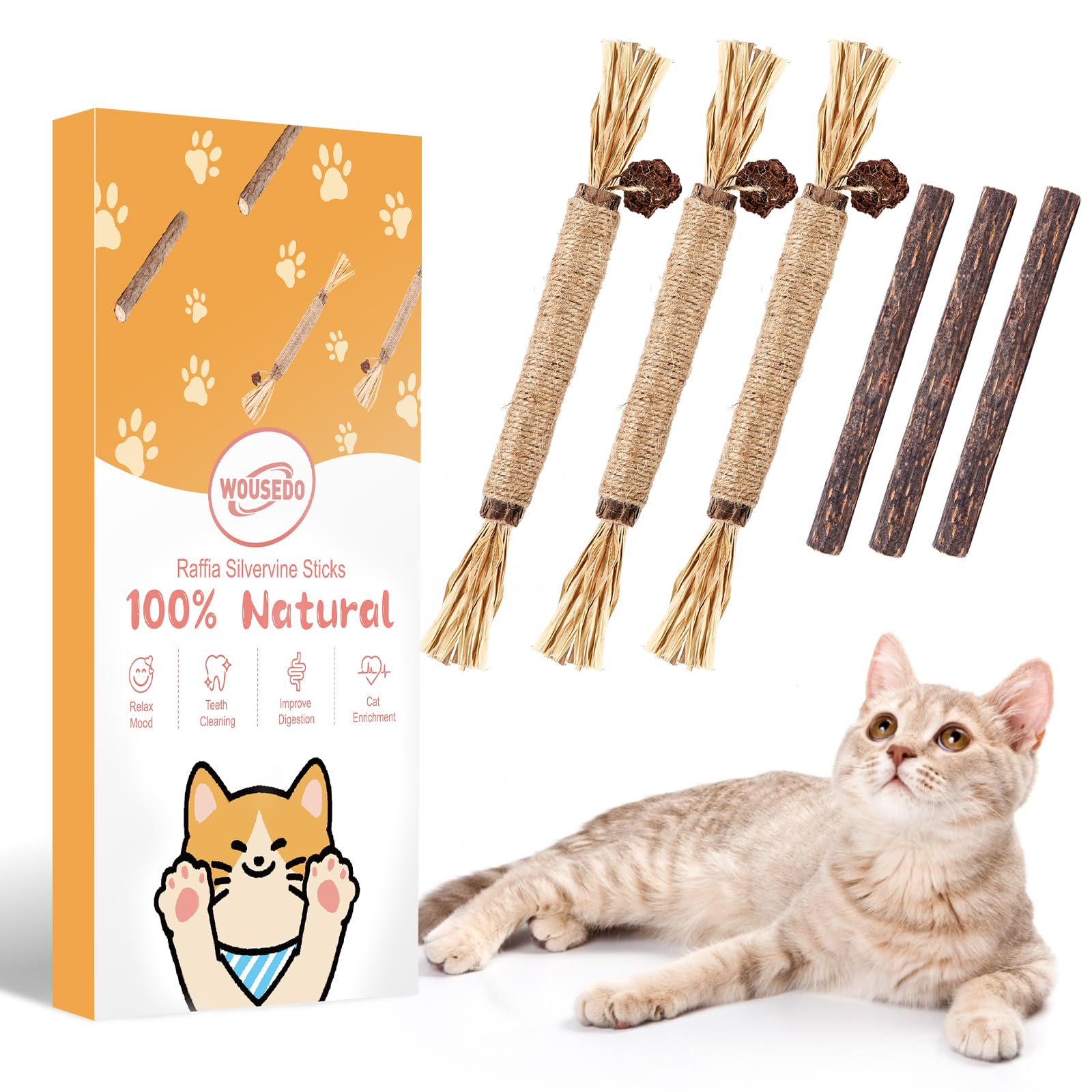 WOUSEDO 6 Pack Silvervine Sticks Cat Toy, Natural Chew Stick for Dental Care Teeth Cleaning,Matatabi Cat nip Treat Toys for Indoor Cats& Kittens