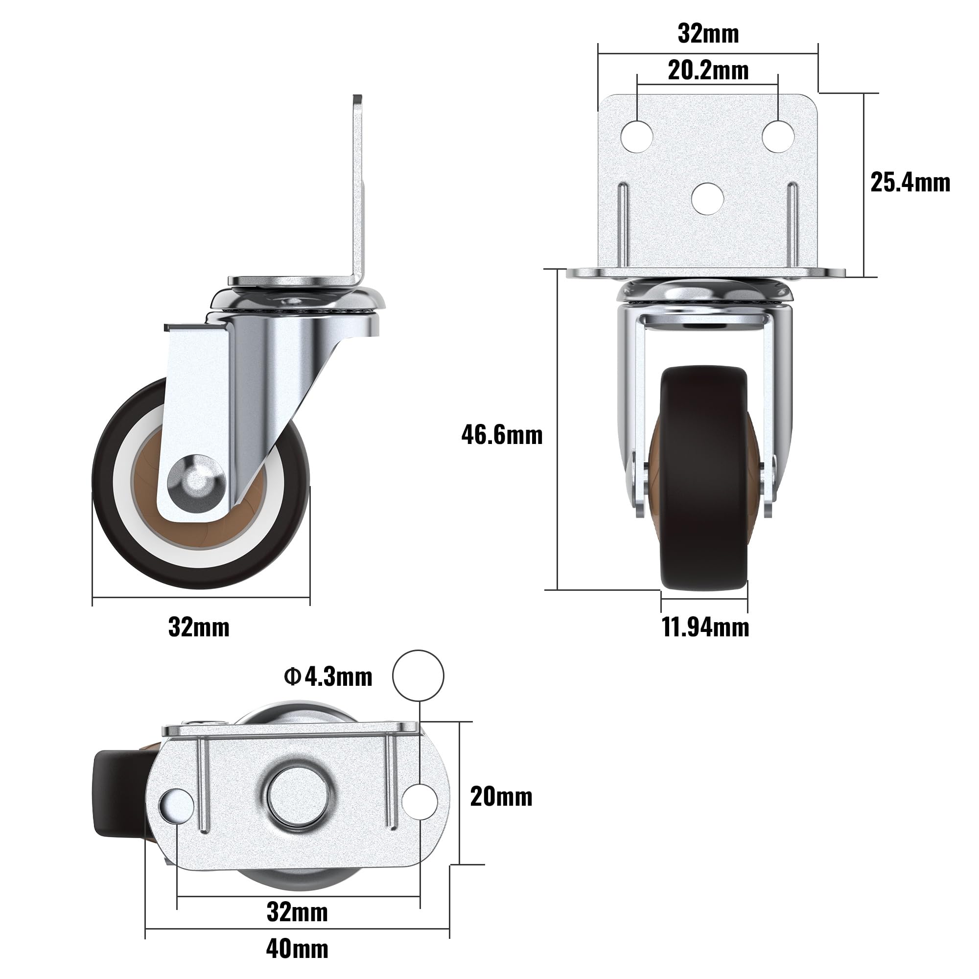 Side Mount Ruote Ruote 32 mm con per carichi pesanti Intensificarsi A gomito Piastra doppio cuscinetto a sfere ruote girevoli set da 4 Reggitore 45 Kg Ideale Ruote per Mobili,Planters,Piccolo Table