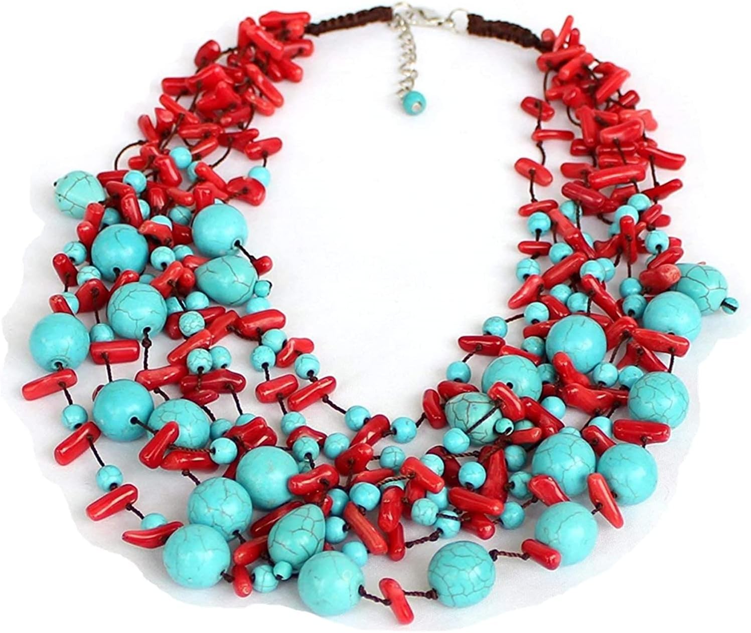 Multilayer Hand-Woven Blue Turquoise Stone Beaded Coral Beads Flower Necklace Statement Necklace Bib Necklace