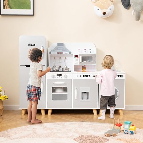 Miniatura 9 de HONEY JOY Juego de cocina para niños, 3 piezas, modular de madera de esquina, juego de cocina, refrigeradorlavadora y fregadero, campana extractora