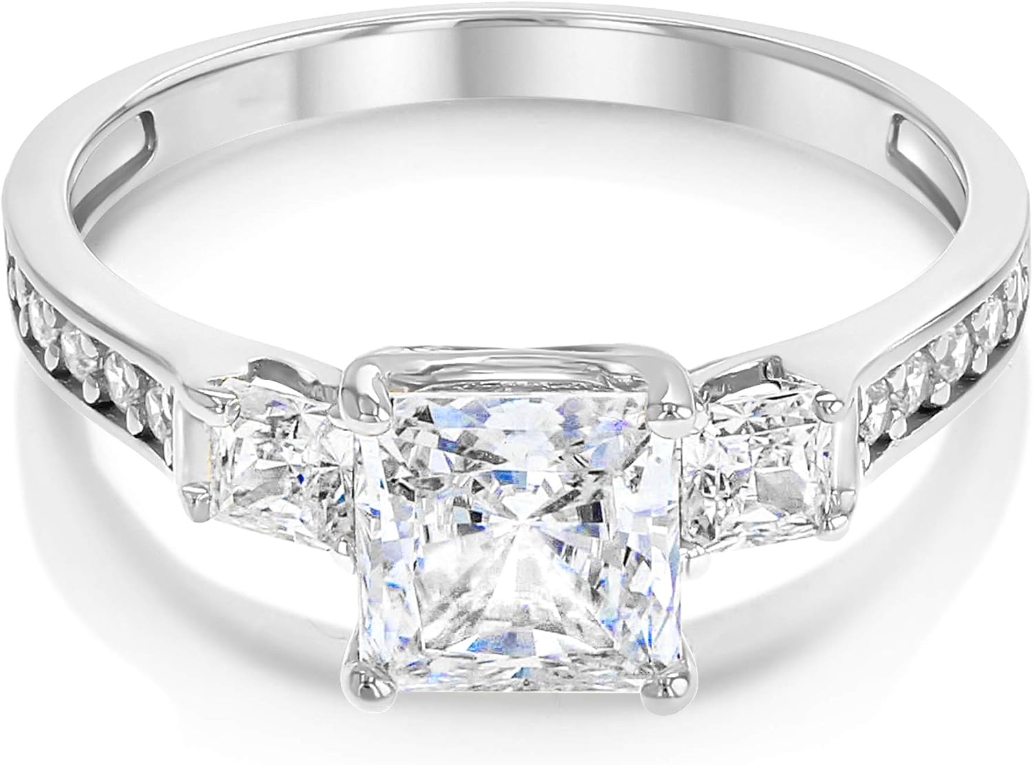 Ioka Solid 925 Sterling Silver 1.5 Ct. CZ Cubic Zirconia 3 Stone Engagement Ring Princess Cut Solitaire with Round Side Stones