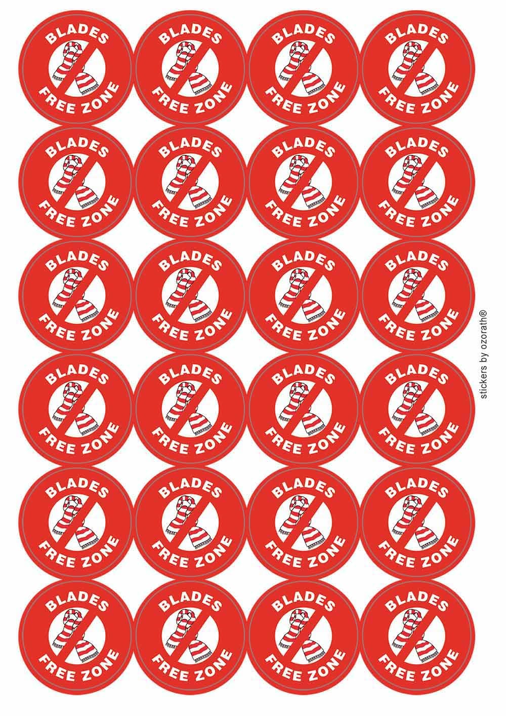 Blades Free Zone Funny Joke Novelty Circular Matt Paper Stickers A4 Sheet of 24 (Each Sticker is 45mm Diameter)