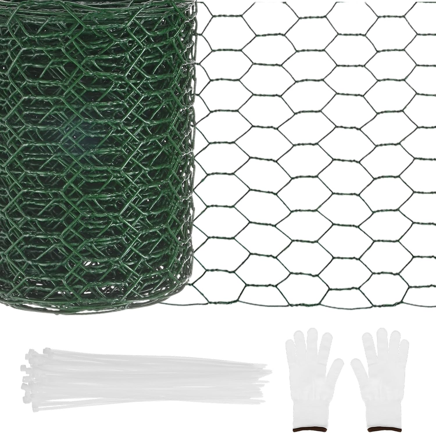 1-Set Chicken Wire Fencing, 15 in x 26.2 ft Galvanized Iron Hexagonal Chicken Wire Mesh with Gloves and Garden Ties for Poultry Netting/Garden/Plant Protection [Green]