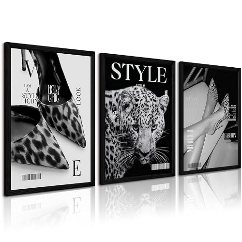 Black Leopard Wall Art Y2k Cheetah Canvas Wall Decor Fashion Trendy Posters Vintage Aesthetic Pictures Luxury Heels Painting Stockholm Prints for Bedroom Living Room 16x24 Inch Framed Set of 3