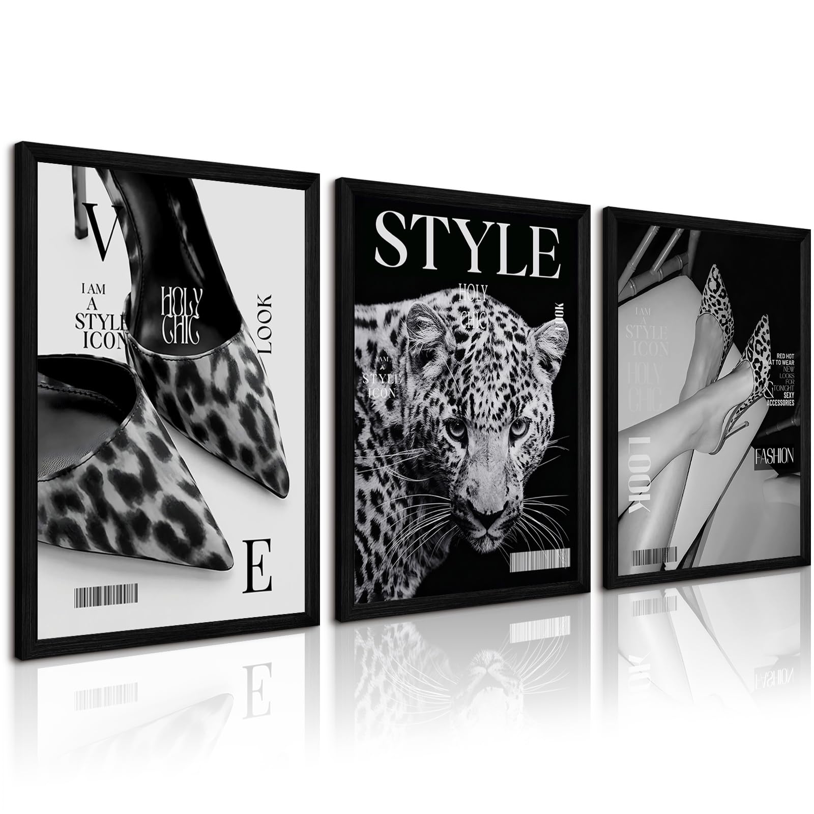 Black Leopard Wall Art Y2k Cheetah Canvas Wall Decor Fashion Trendy Posters Vintage Aesthetic Pictures Luxury Heels Painting Stockholm Prints for Bedroom Living Room 16x24 Inch Framed Set of 3