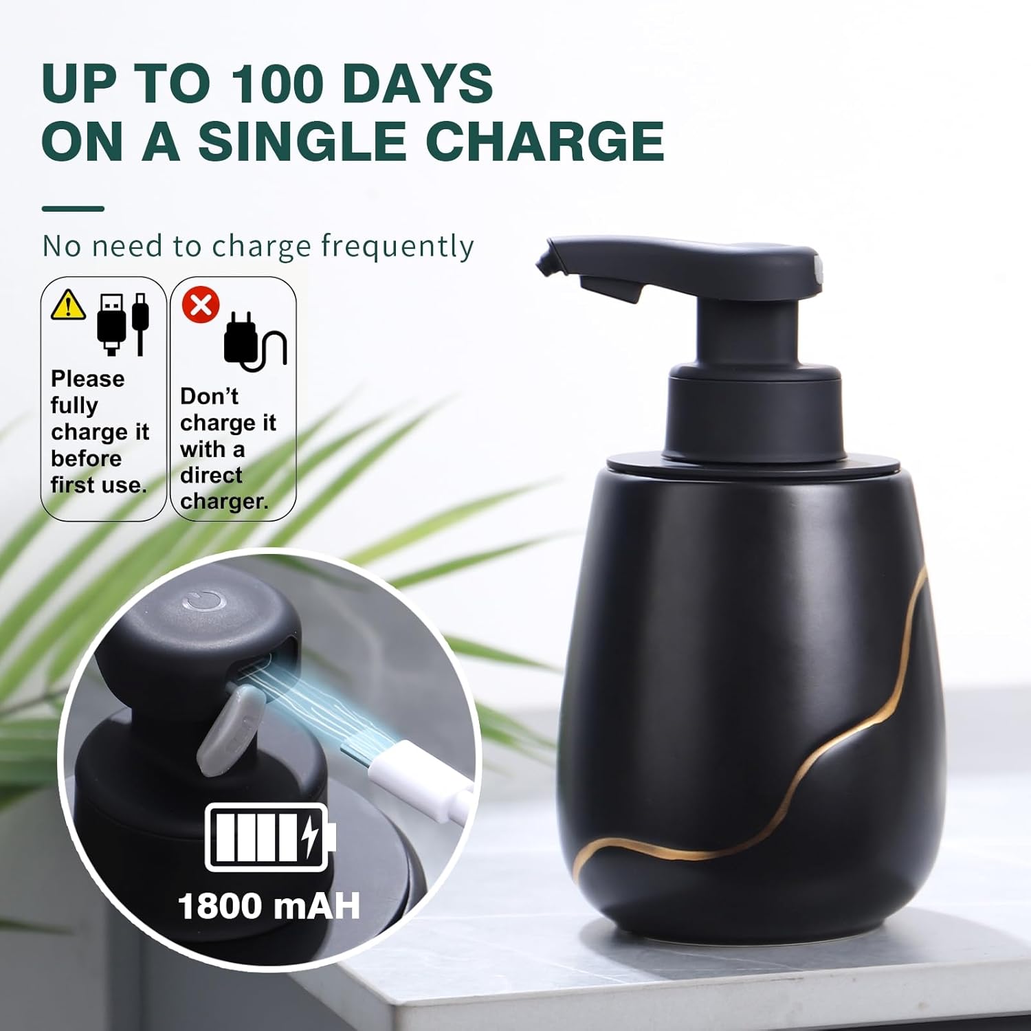 BosilunLife Automatic Foaming Soap Dispenser - Touchless Foam Hand Wash Dispenser for Bathroom Black Ceramic Smart Electric Auto Dish Soap Dispenser Waterproof, USB C Rechargeable, 17 oz/500 ml - Image 5