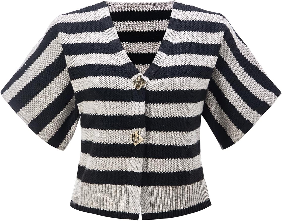 Women's Striped Button Up Sweater Vest Old Money V Neck Short Sleeve Knit Cardigan Work Office Tops